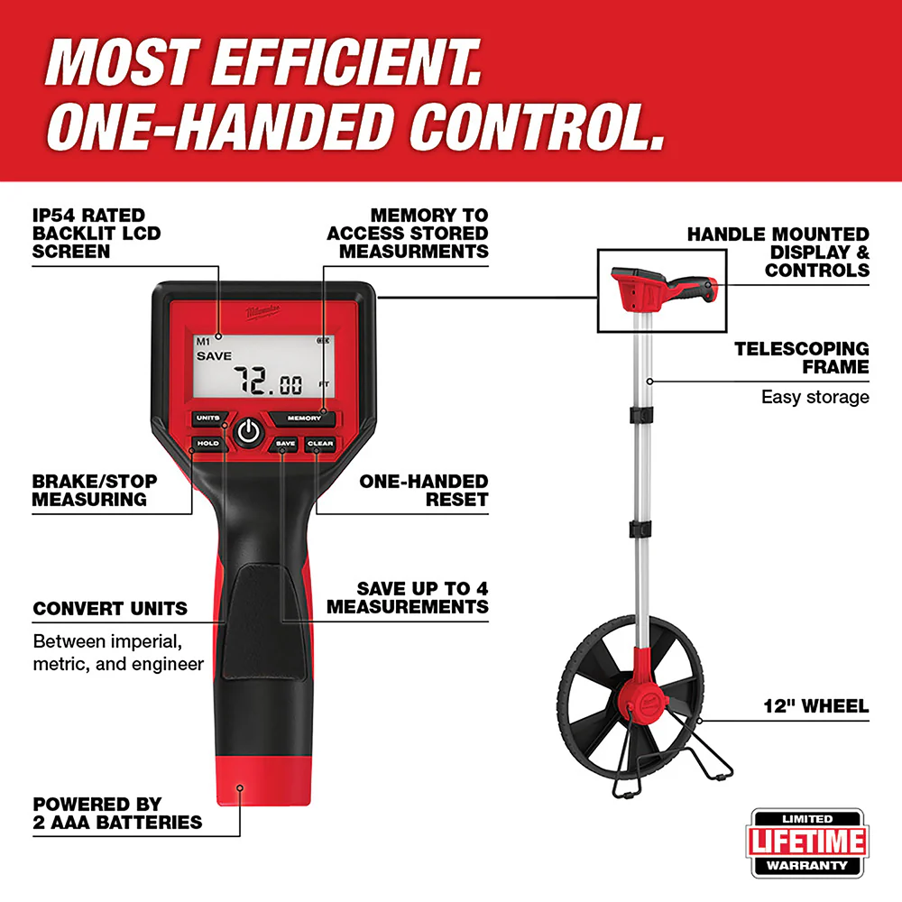 Milwaukee 48-22-5112 12 Digital Measuring Wheel w/ IP54 Backlit Screen