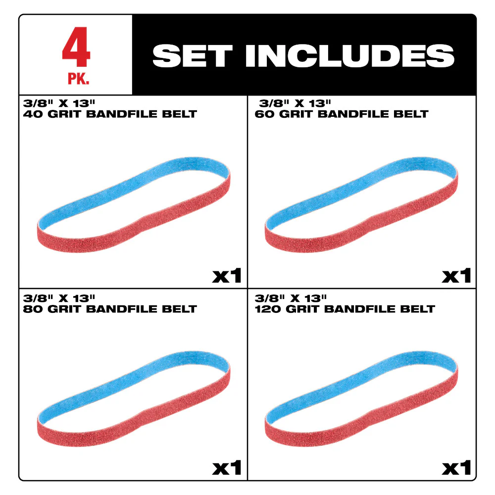 Milwaukee 48-80-7000 3/8 x 13 40/60/80/120 Grit Bandfile Belts - 4 PK