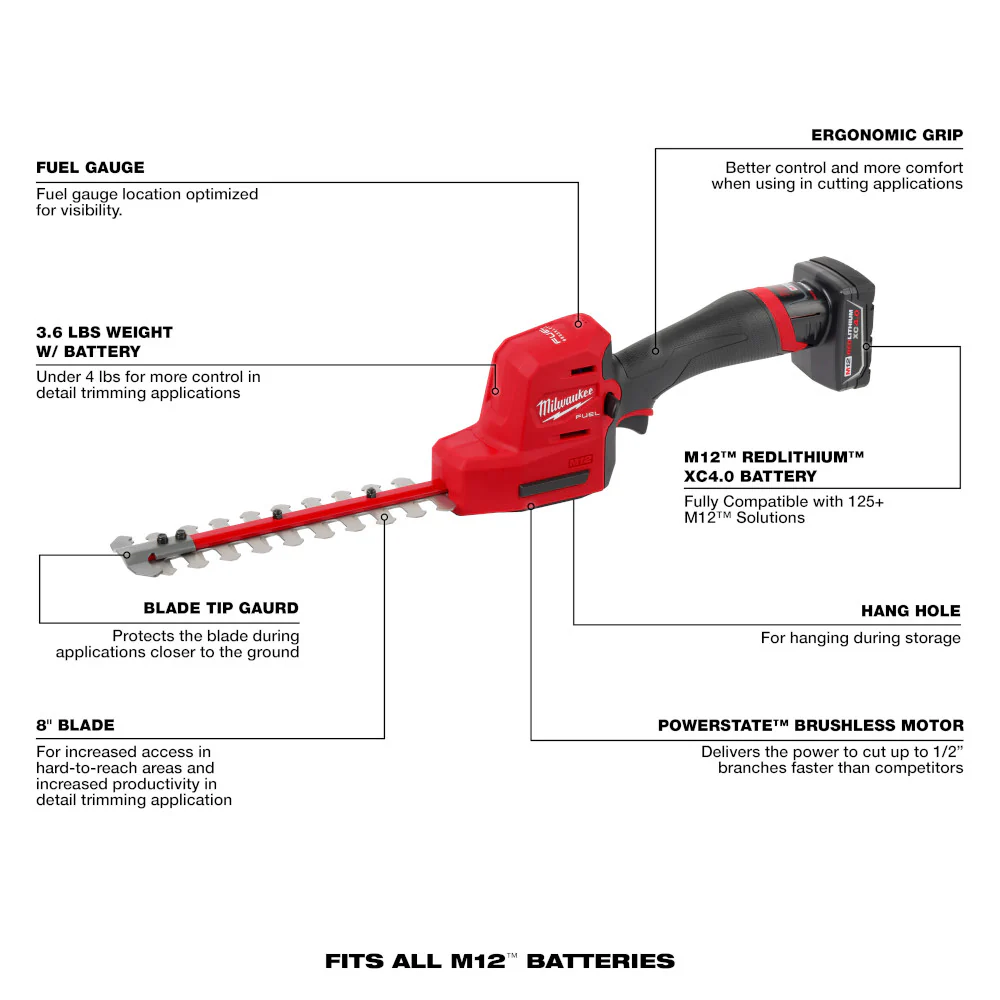 Milwaukee 2533-21 M12 FUEL 8 Cordless Hedge Trimmer Kit