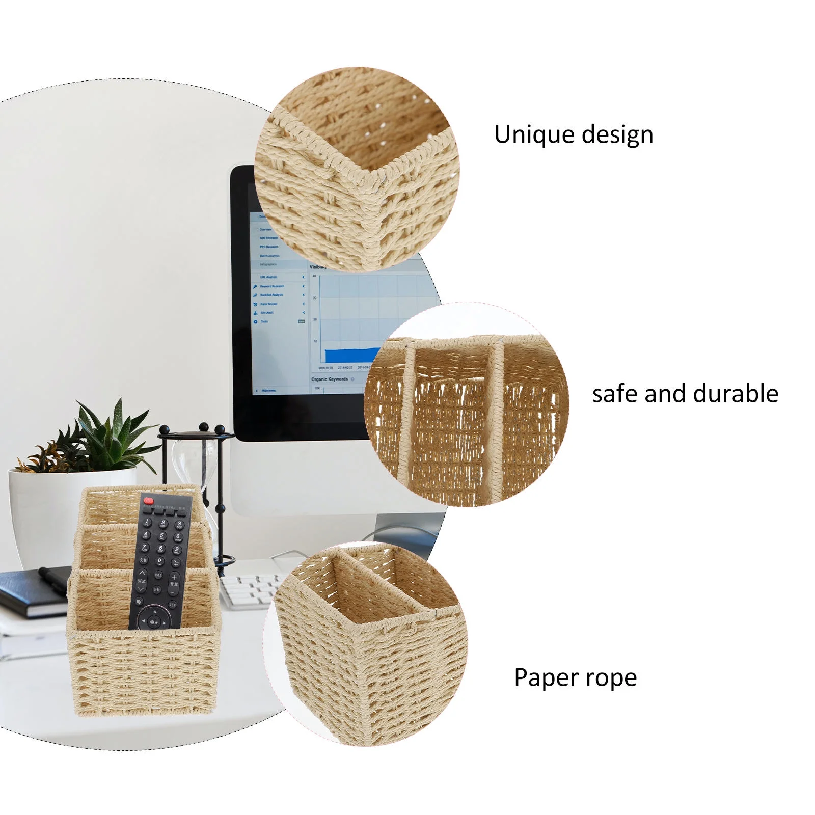 2pcs Woven 3 Compartments Woven Storage Box Bin Makeup Container Cube Organizer Divider for Home Bathroom Bedroom Closet Table Remote Beige