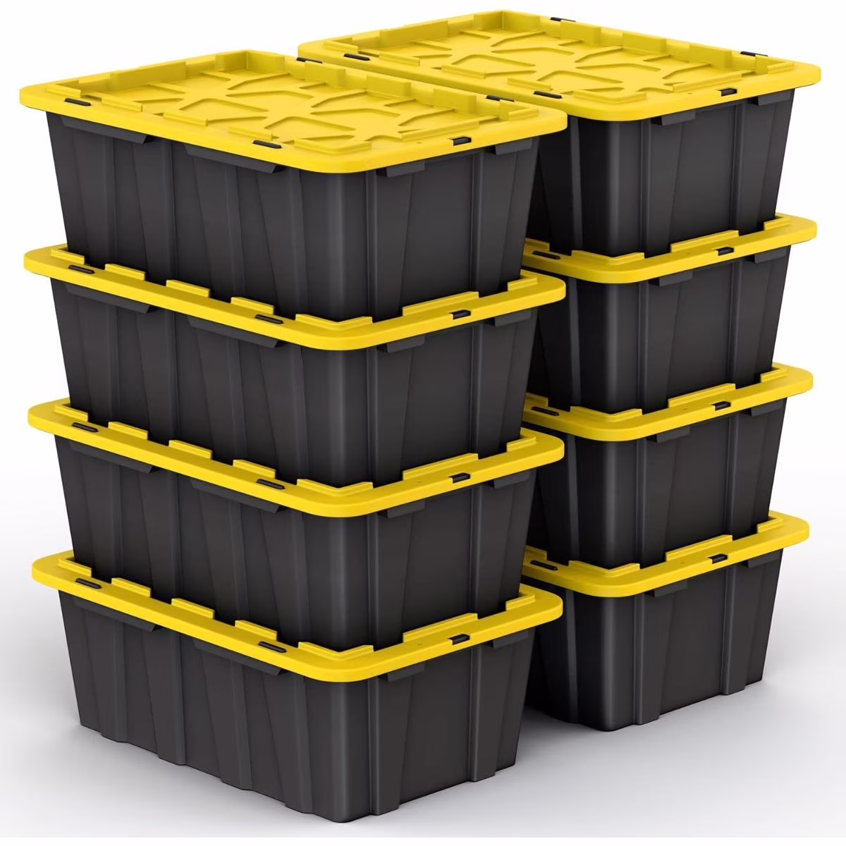8 PACK of Medium 12 Gallon Plastic Storage Bin Tote Organizing Container with Ultra Durable Secure Latching Lids, Stackable, Extra Strength Clear with Built in Handle - Black and Yellow