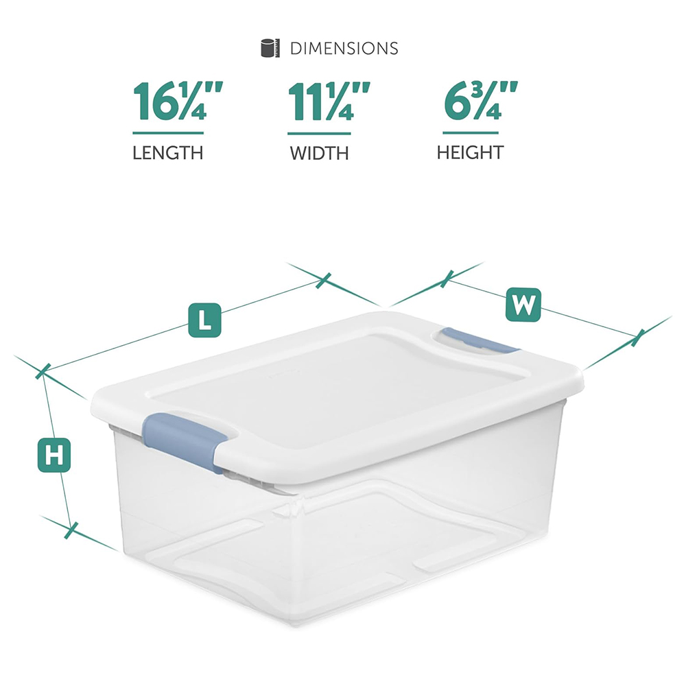 15 Qt Latching Storage Box, Stackable Bin with Latch Lid, Plastic Container to Organize Closet Shelf, Clear with White Lid, 12-Pack