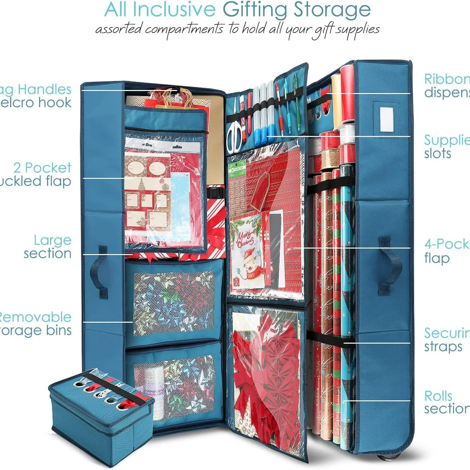 Wrapping Paper Storage Container with Ribbon Dispenser and Interior Pockets - Large Christmas Storage Containers with Wheels, Fits 30 Rolls of 40" Length, Blue