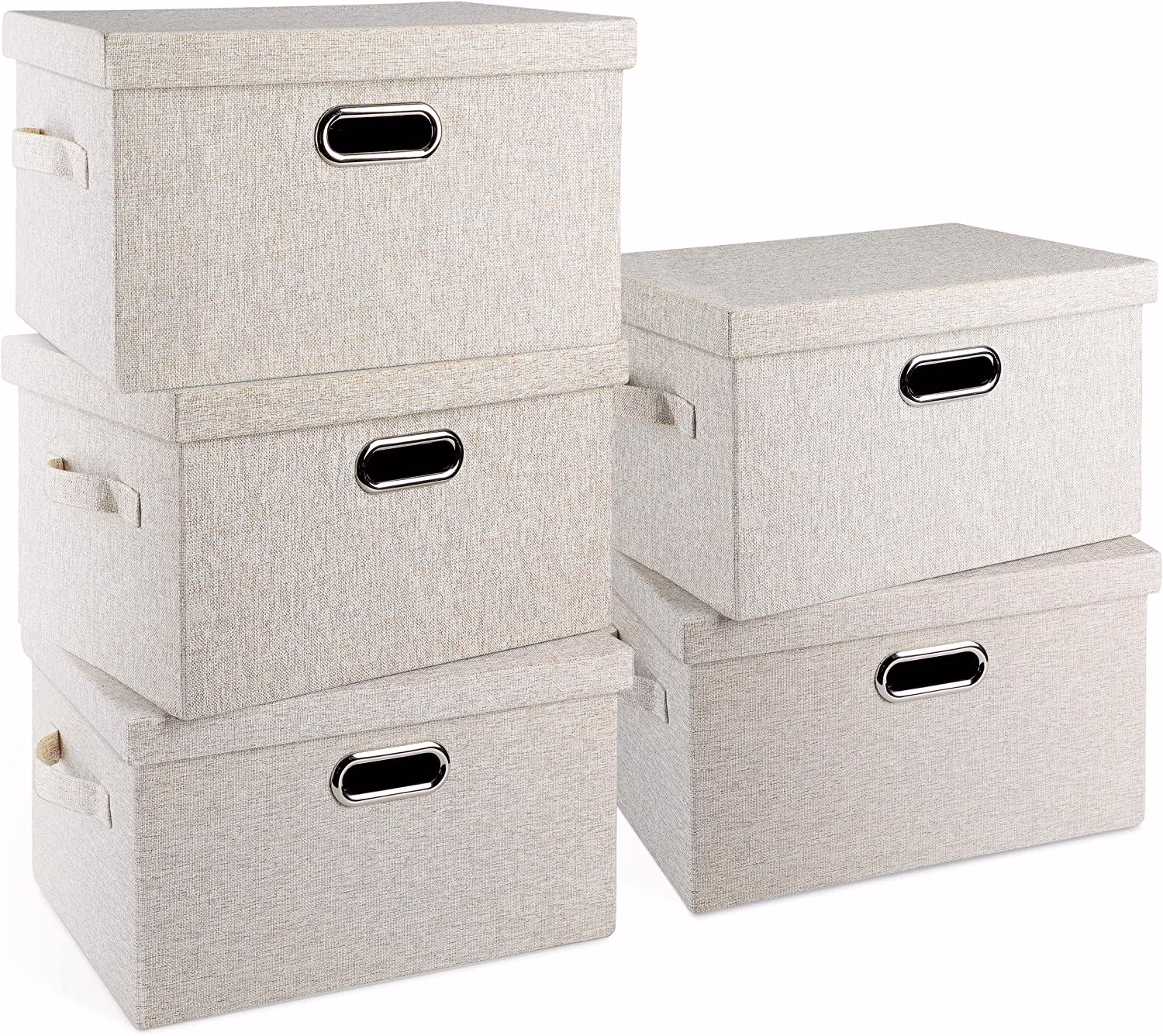 Medium 15" 21 Quart Collapsible Stackable Storage Bins with Lids, 5 Packs Beige Foldable Fabric Closet Boxes Heavy-duty Lidded Linen Cube Baskets Container Organizers and Storage