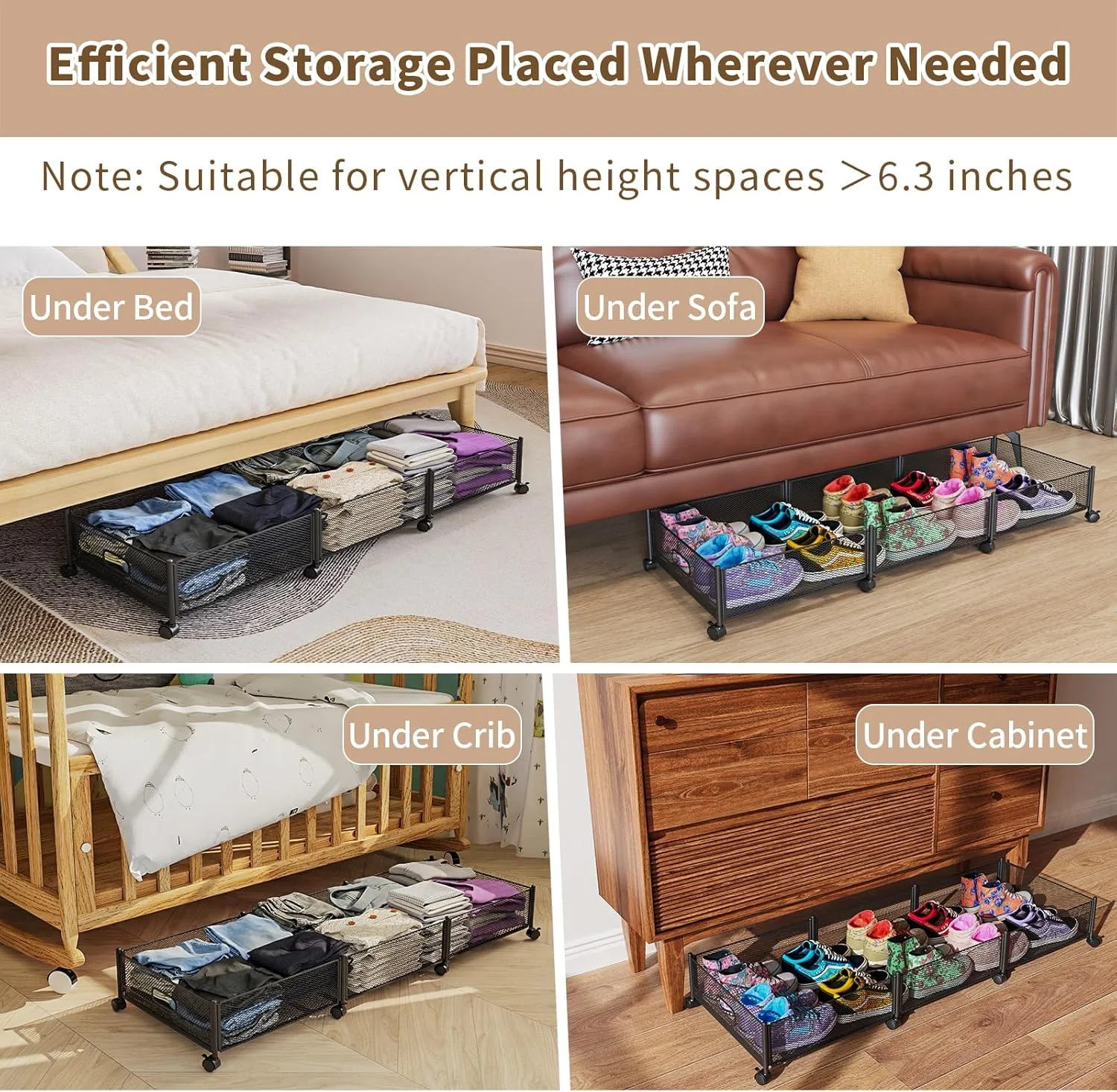 47.2'' Long Under Bed Storage on Wheels, 57.6L Large Capacity Rolling Under the Bed Storage Containers, Tool-Free Assembly Foldable Underbed Shoes Clothes Toy Drawers
