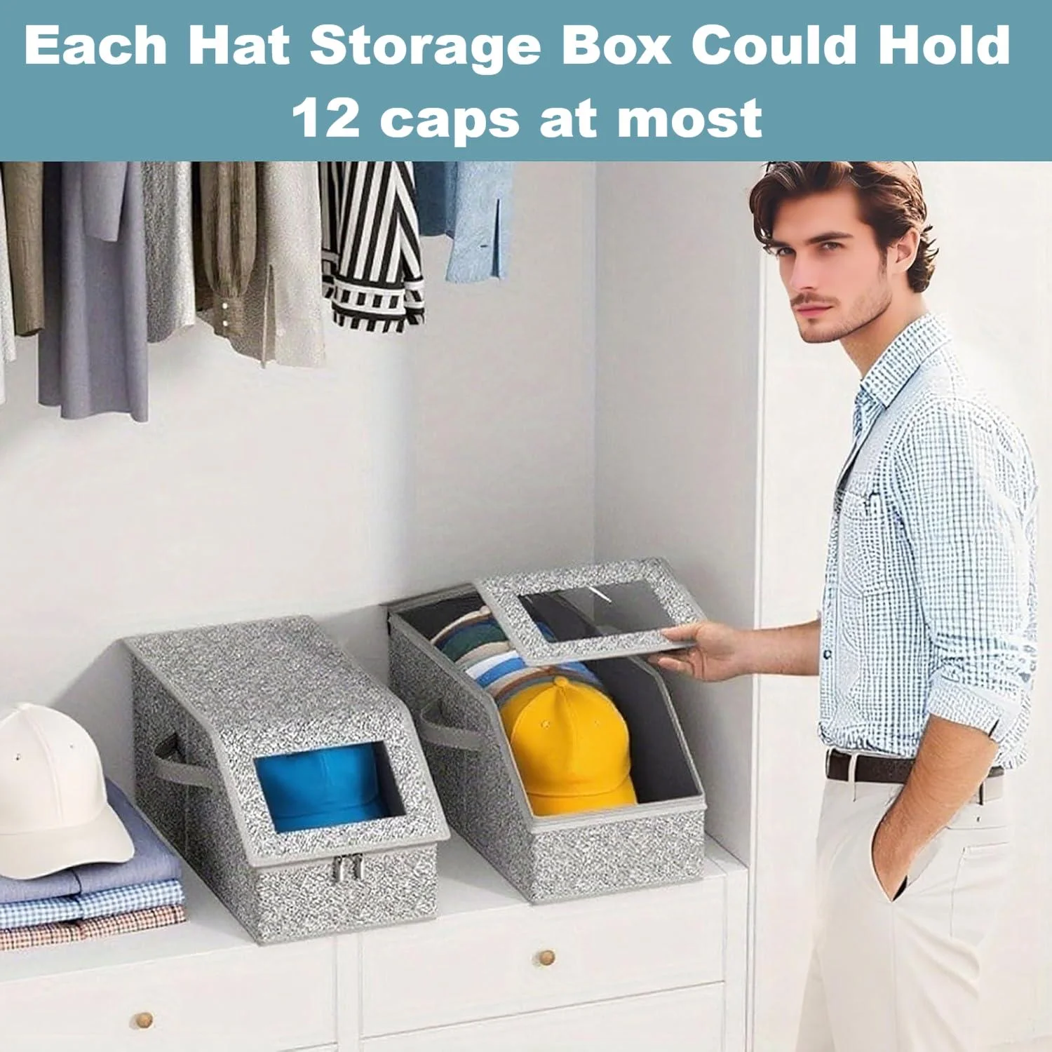 4 PCS Stackable Hat Storage for Baseball Caps, Hat Storage Boxes for Closet, Holds up to 12 Caps with Cardboard, Hat Organizer for Women & Men (Grey)