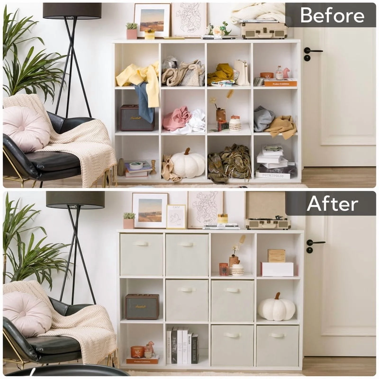 13 Inch Fabric Storage Cubes - Sturdy Collapsible Storage Bins & Handle，Storage Organizer for Organizing, Beige Storage Baskets, 6-Pack