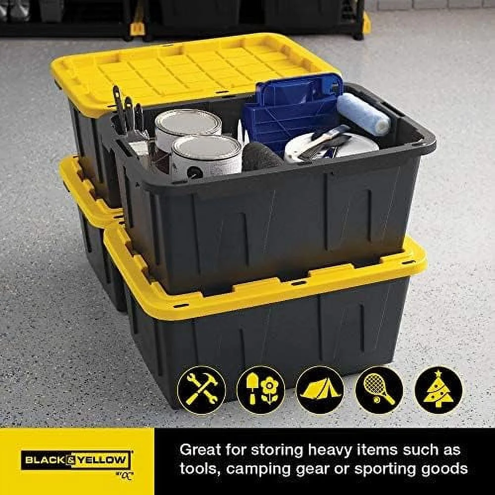 BLACK & YELLOW, 27-Gallon Heavy Duty Tough Storage Container & Snap-Tight Lid, (14.3"H x 20.6"W x 30.6"D), Weather-Resistant Design and Stackable Organization Tote [4 Pack]