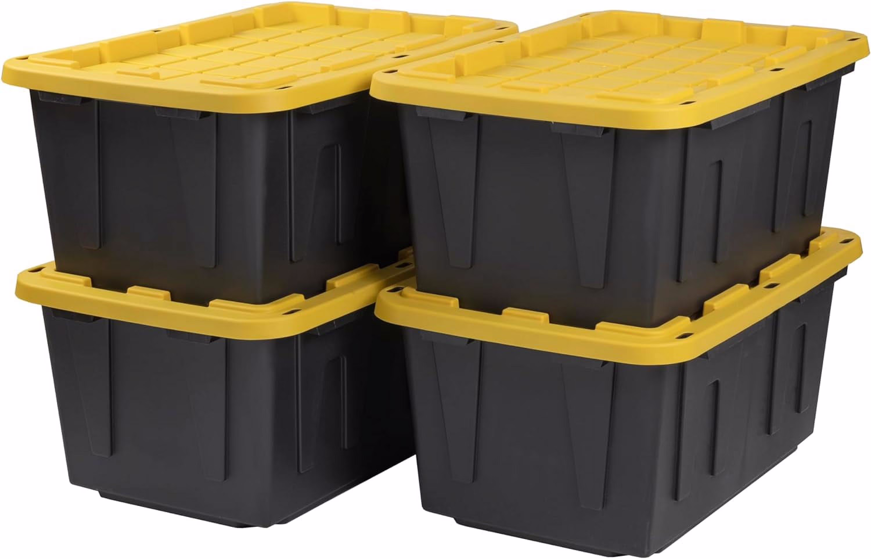 BLACK & YELLOW, 27-Gallon Heavy Duty Tough Storage Container & Snap-Tight Lid, (14.3"H x 20.6"W x 30.6"D), Weather-Resistant Design and Stackable Organization Tote [4 Pack]