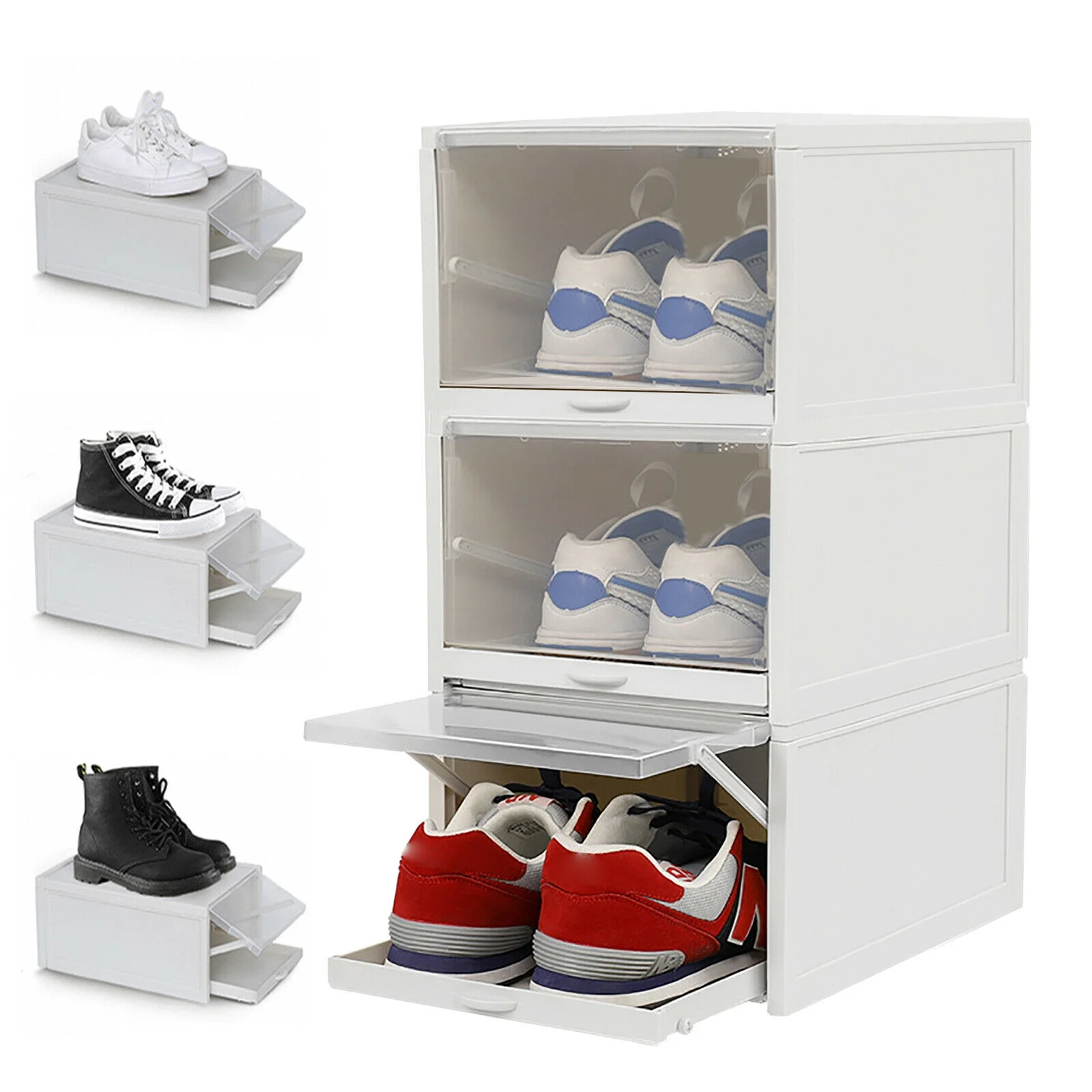 3pcs Foldable Shoe Box Push Drawer Type Storage Organizer Shoe Box Clear Cover Stackable Shoe Storage Box Gray Sneaker Case Stackable Container W/Drawer Push Pull Transparent Shoe Box Stackable