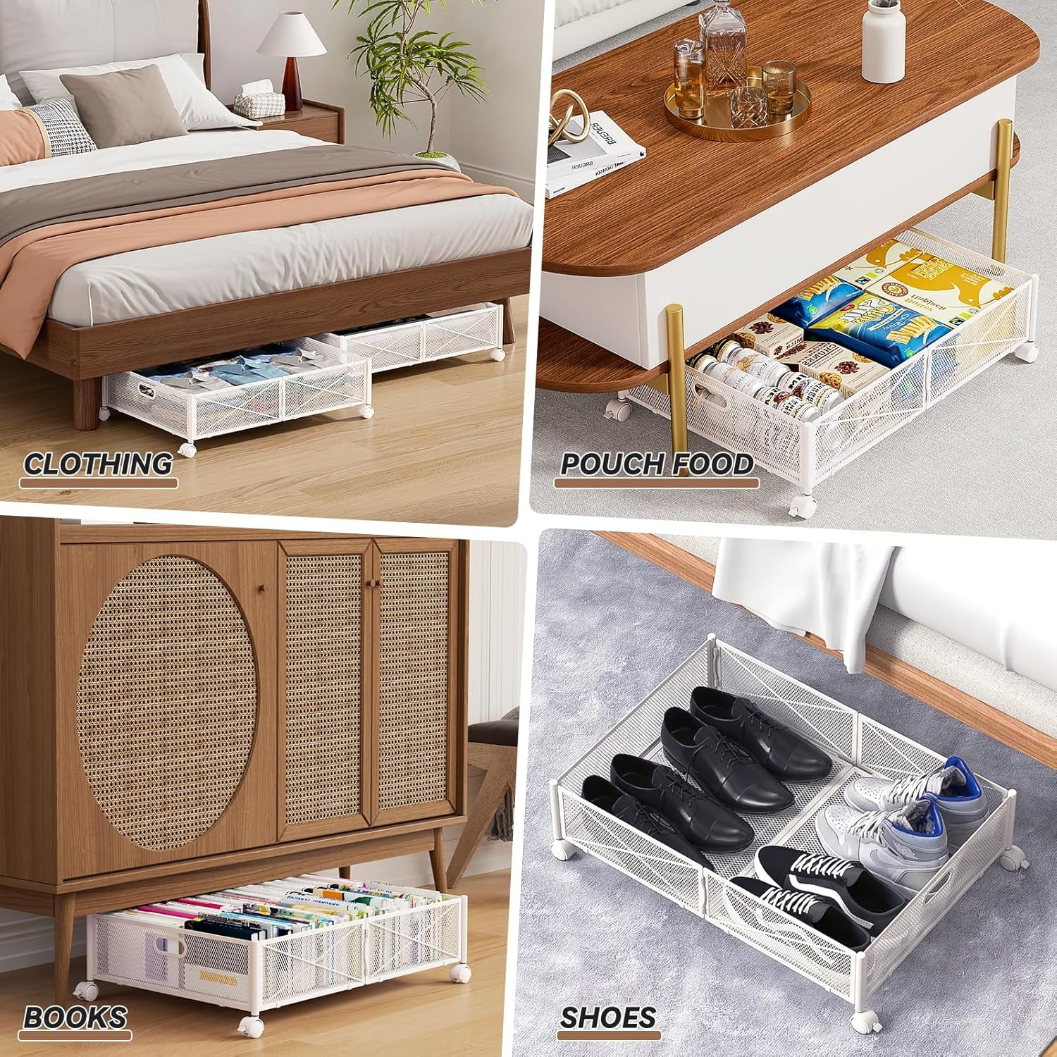 Under Bed Storage Containers with Wheels, Under Bed Shoe Storage Organizer Drawer, Tool-free Assembly Metal Storage Containers for Bedroom Clothes Shoes Blankets -2PCK