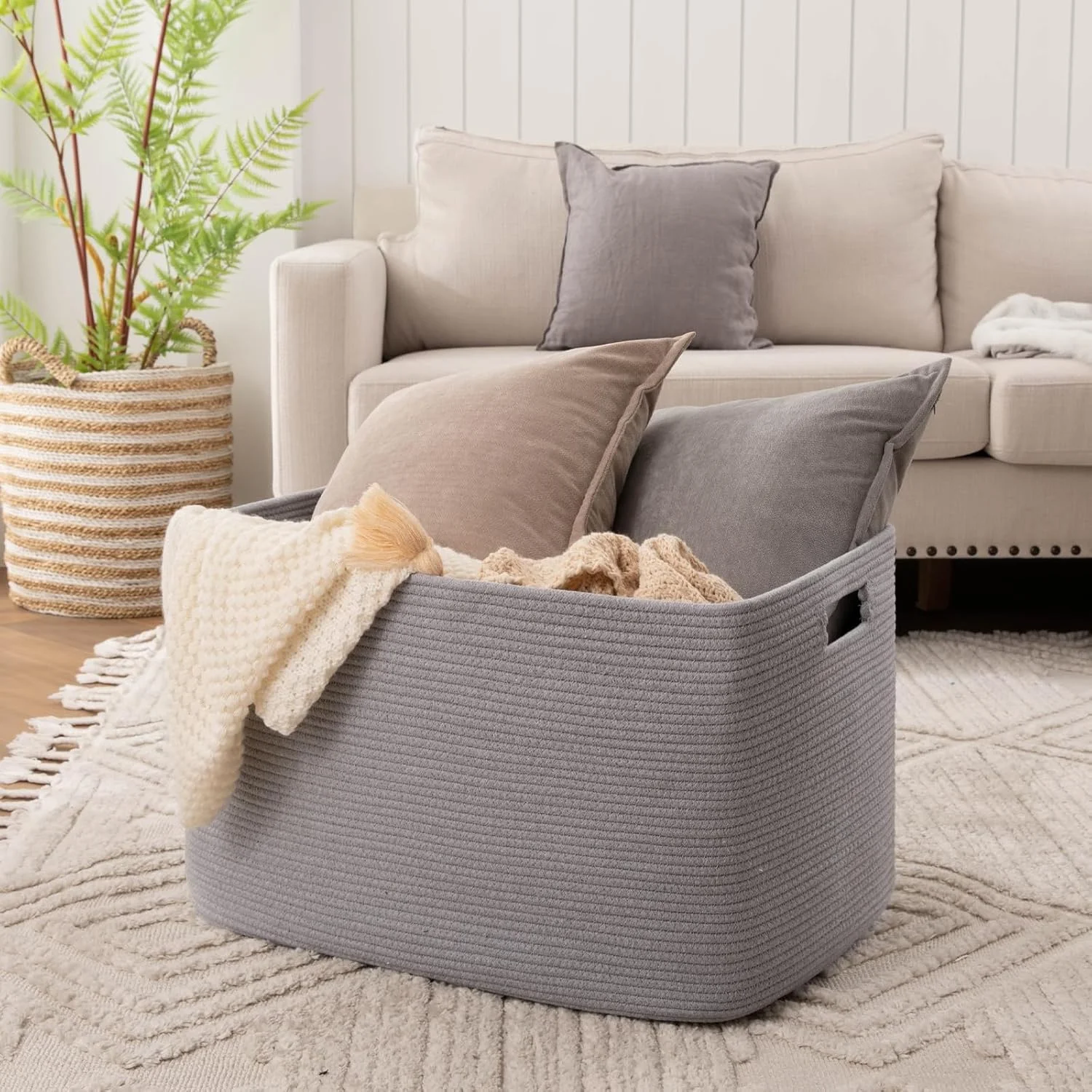 118L XXXLarge Cotton Rope Storage Basket, Oversized Blanket Basket, Used for Organizing Dirty Clothes in Living Room, Bedroom, Nursery, Dog Toy Storage Bins, 25" x 17" x 16",Grey