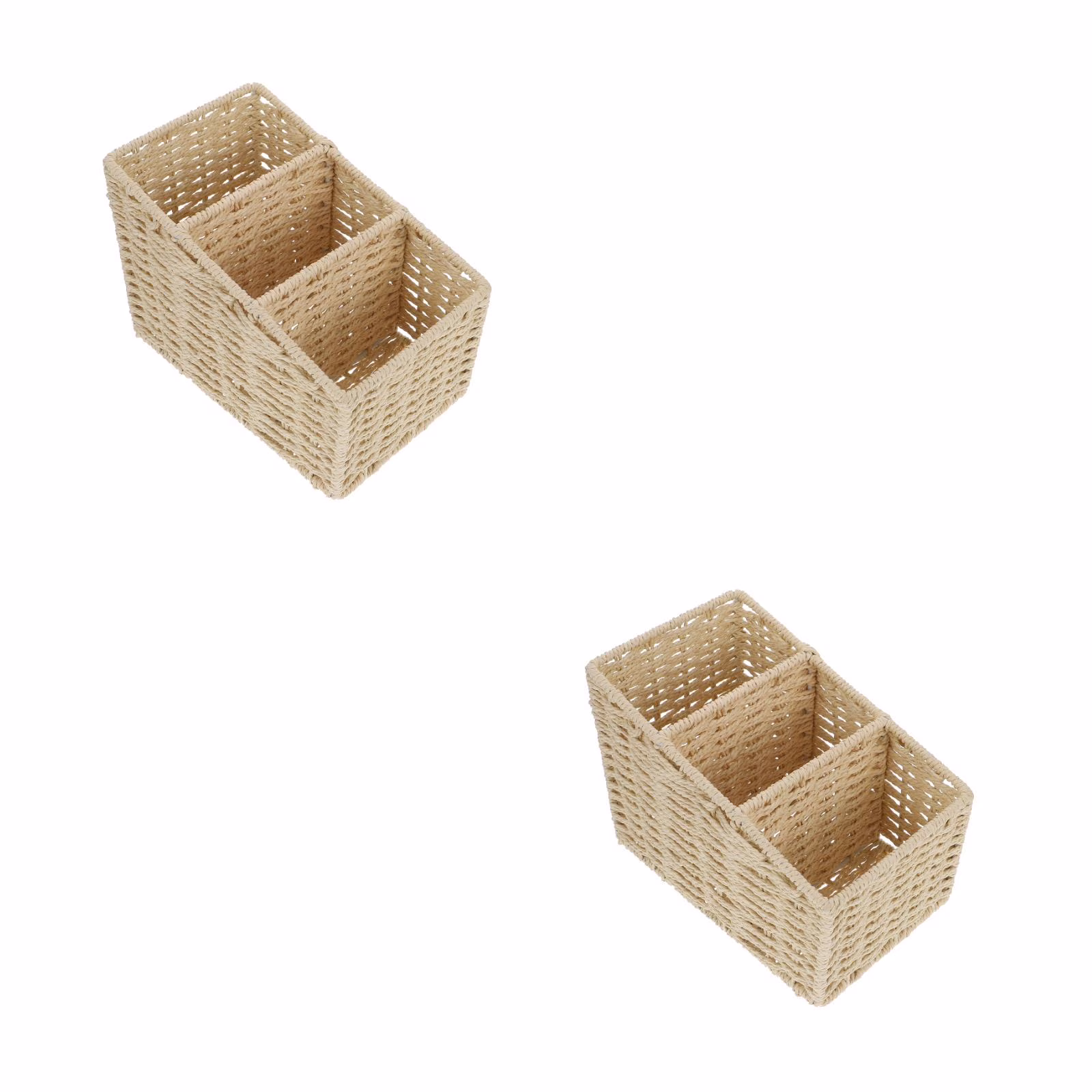 2pcs Woven 3 Compartments Woven Storage Box Bin Makeup Container Cube Organizer Divider for Home Bathroom Bedroom Closet Table Remote Beige