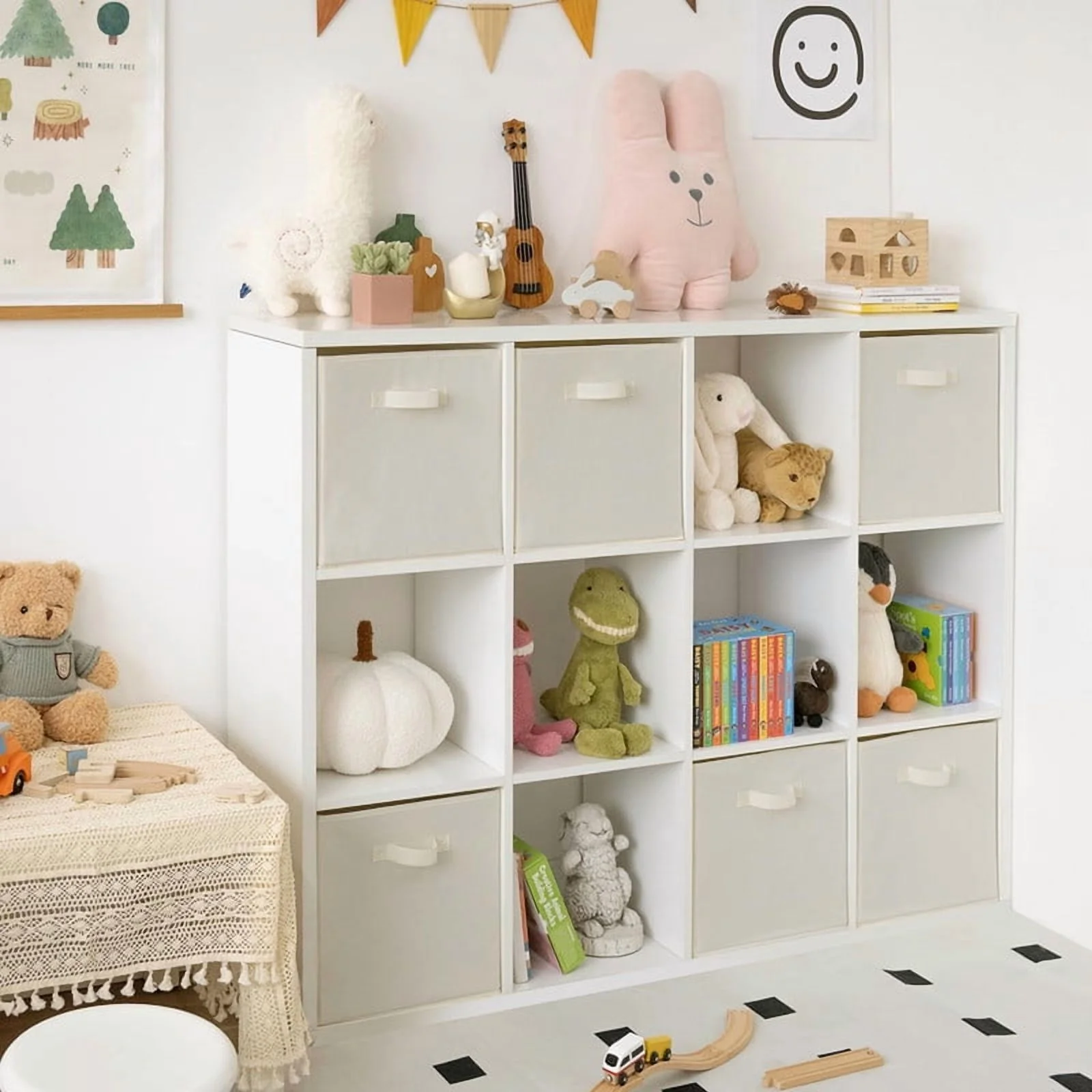 13 Inch Fabric Storage Cubes - Sturdy Collapsible Storage Bins & Handle，Storage Organizer for Organizing, Beige Storage Baskets, 6-Pack