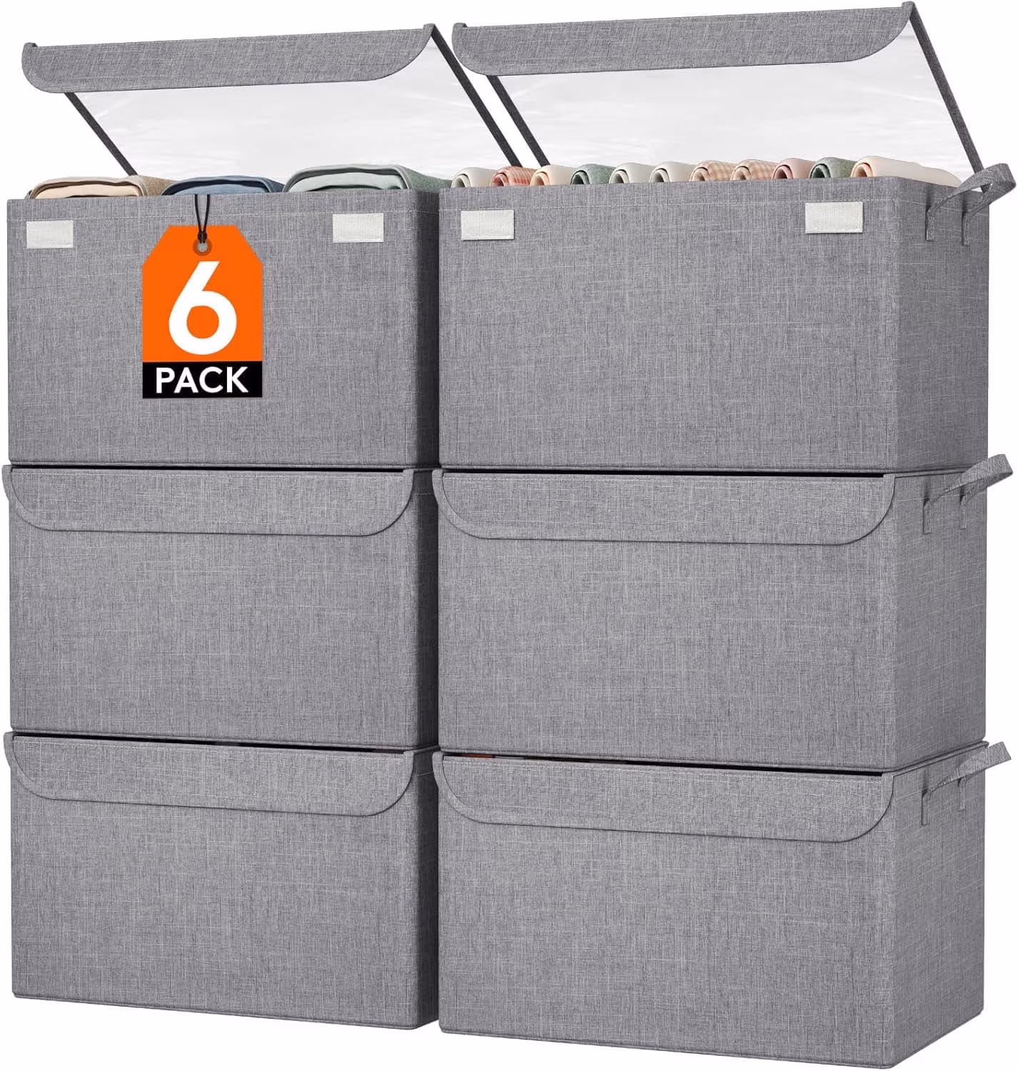 Fabric Storage Boxes 6 Pcs, Stackable Storage Bins with Clear Lids, Foldable Oxford Cloth Cube Closet Organizer Baskets, Clothes Containers for Towels, Blankets, Books, Light Grey-Large