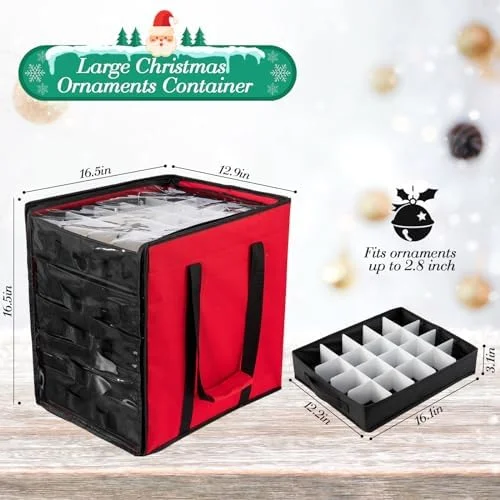 Christmas Ornament Storage Containers -Holds Up to 100 Holiday Ornaments with 5 Removable Trays Large Storage Box with Clear Covered Top & Sturdy Handles