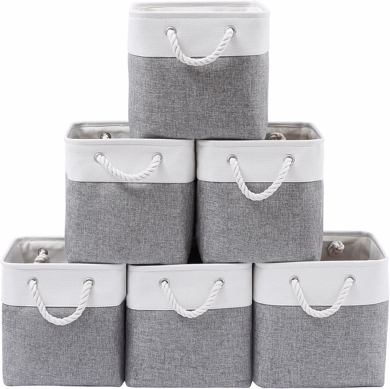 13 x 13 Inch Cube Storage Bins, 6 Pack Extra Large Collapsible Fabric Storage Bin with Ropes, Foldable Storage Cubes for Home (White & Beige-13"x13"x13")