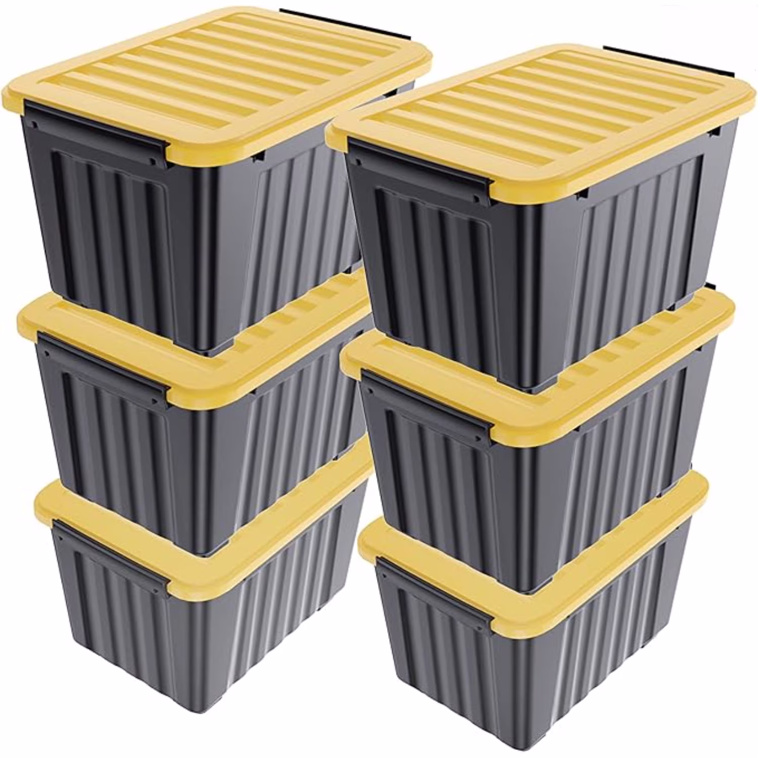 72Quart Plastic Storage Bin, Stackable and Nestable Storage Boxes with White Lids and Secure Latching Buckles, Large Storage Container (Black/Yellow, 72Quart-6Pack)