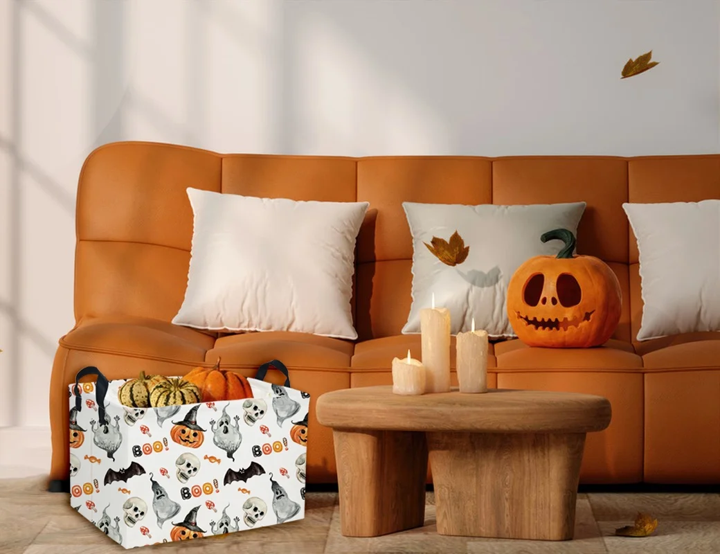 Rectangular Kids Storage Bin Halloween Basket Cartoon Storage Basket with Handles for Organizing Home Kitchen Boys and Girls Toys Bins Shelf Baskets(Watercolor Halloween)