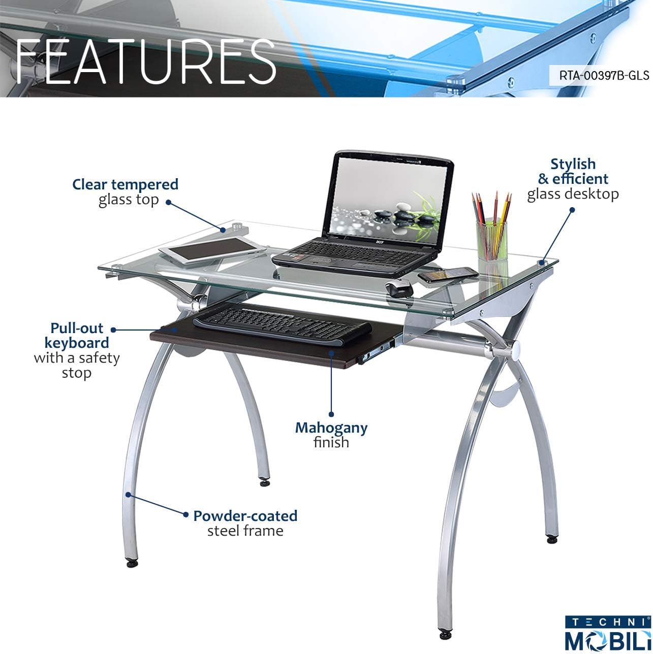 Techni Mobili Contempo Glass Top Computer Desk with Pull Out Keyboard Panel, Clear