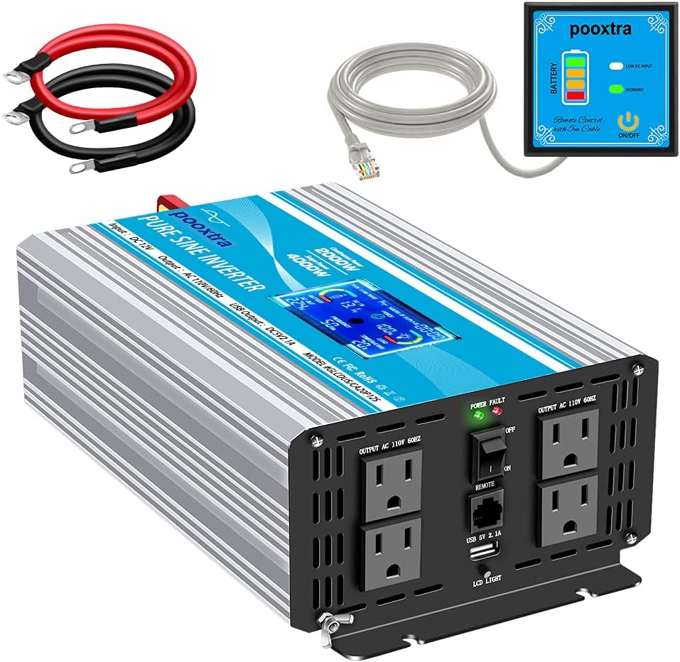 POOXTRA 2000 Watt Pure Sine Wave Inverter 12v to AC 110v with 4AC Power Outlets,Remote Control,2 Cooling Fans + LCD Display & USB Port for Home RV Emergency to Use(4000 watt Peak Power)