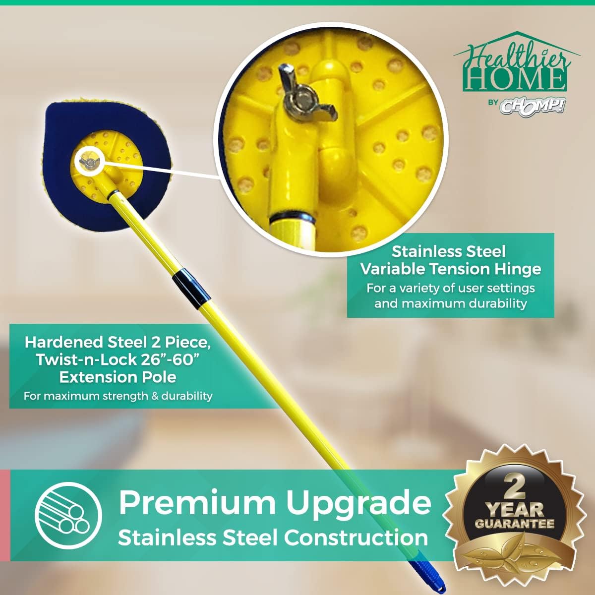 Chomp Long Handle Dust Mop:5 Minute CleanWalls Extendable Wall Washer, Ceiling Cleaner and Baseboard Duster - Telescoping Dry Dust / Wet Wash Cleaning Mop with Washable Microfiber Pad Pack of 2