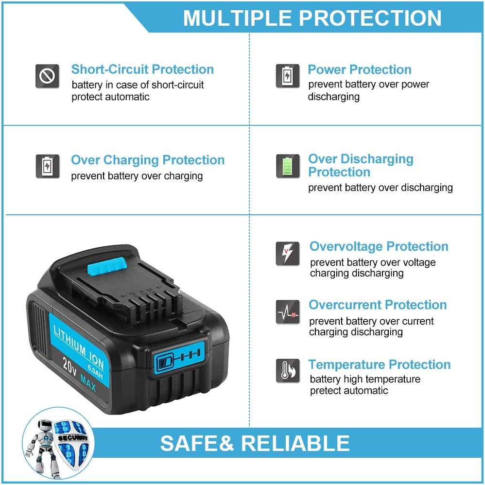 2Pack 6.0Ah Replacement for Lithium Ion Battery Compatible with Dewalt 20V Battery DCB204 DCB205 DCB206 DCB201 DCB203+DCB105 Battery Charger for 12V 20V Max Pack of 2