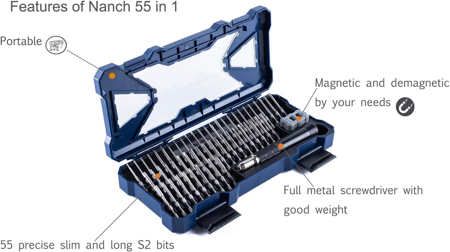 Nanch Precision Screwdriver Set Magnetic,Professional Toolkit Includes One Handy Driver and 55 S2 Precision Bits for Electronics and General Household Repair. Pack of 2