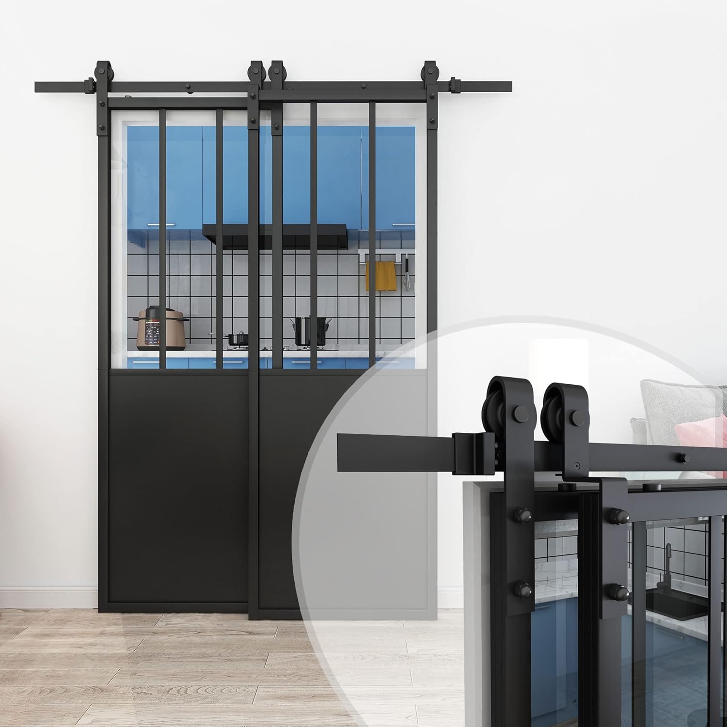 JUBEST Double Barn Door 60 x 84 in with 6.6FT Hardware Kit, 2 Sets of 30x84 in Clear Tempered Glass Aluminum Frame Barn Door,Pocket Interior Door, Easy Assembly，Black Side-Mounted Hardware