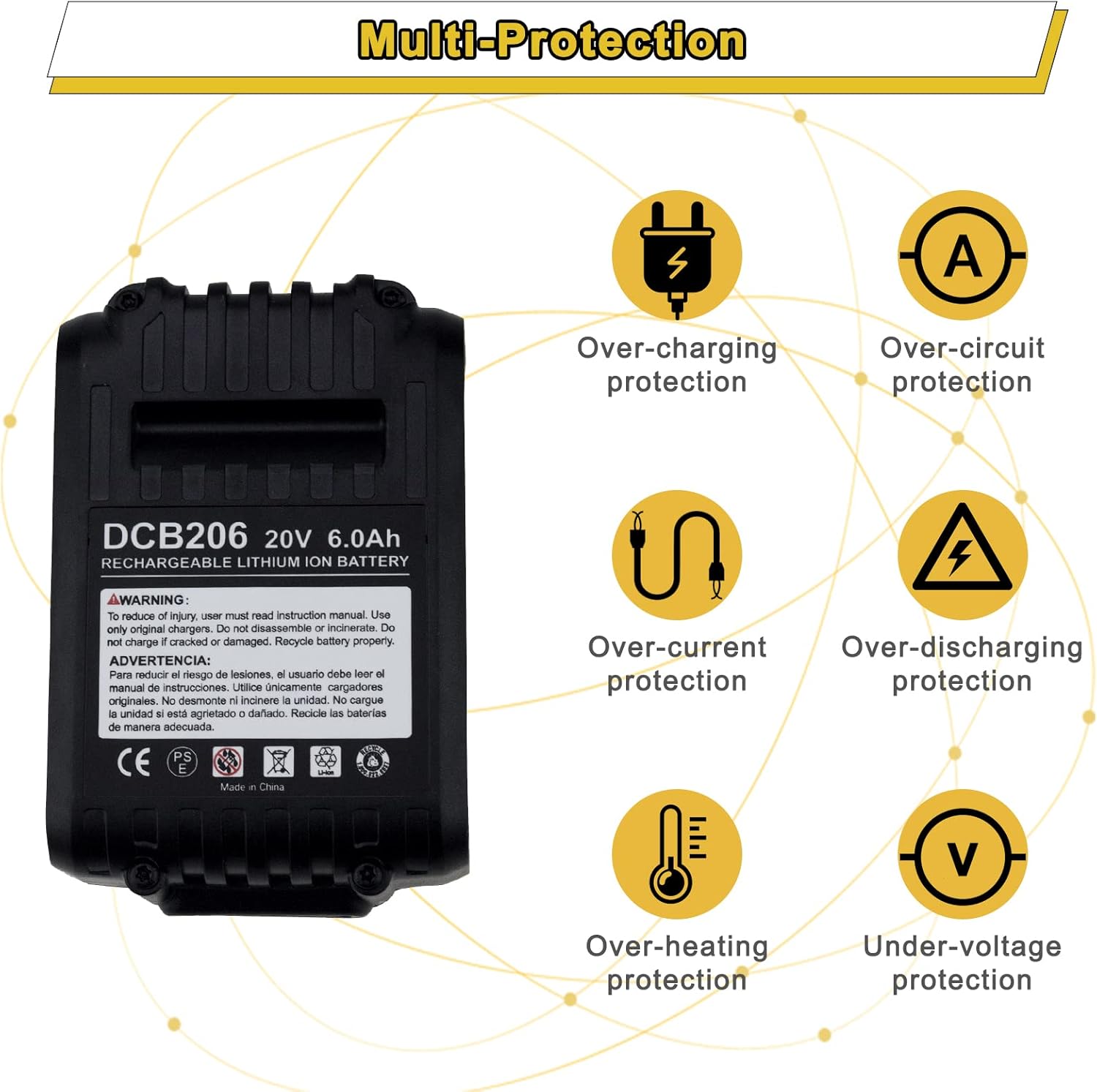 4 Packs 6.0Ah 20 Volt DCB206 Battery Compatible with Dewalt 20V Battery DCB200 DCB201 DCB203 DCB204 DCB205 DCB207