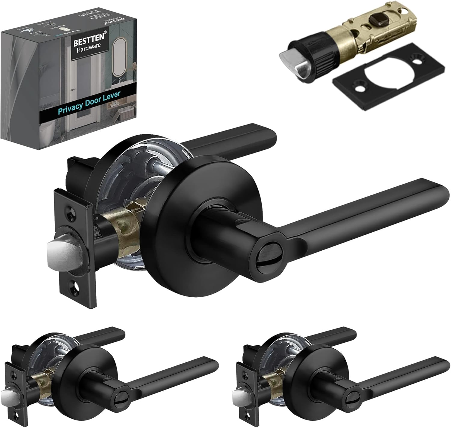 [3 Pack] BESTTEN Heavy Duty Matte Black Privacy Door Lever with Removable Latch Plate, for Bathroom or Bedroom, Commercial and Residential, All Metal Contemporary Round Handle Design, Vienna Series Pack of 2