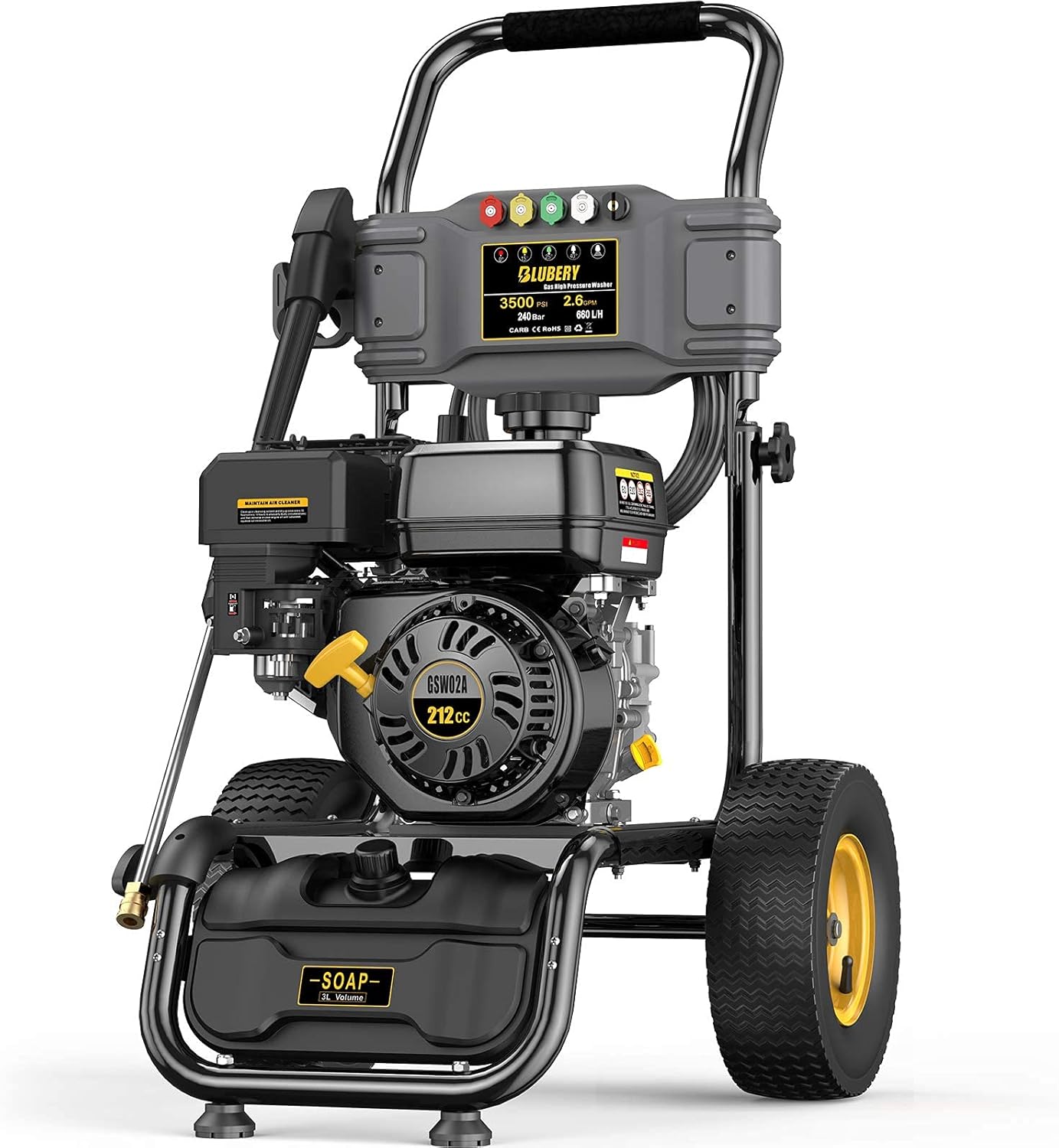 BLUBERY 3500PSI Gas Pressure Washer, 2.6GPM 212CC Power Washer, 50FT Hose&Soap Container, 5 Adjustable Nozzles, Cleaning for Driveway/Concrete/Vinyl Fencing, CARB&EPA CERT…