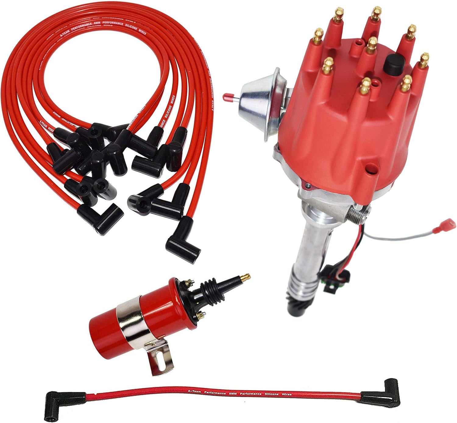 A-Team Performance Pro Series R2R Distributor, 8.0mm Over the Valve Cover Spark Plug Wires, & 45K Volt Coil Compatible With Chevy Corvette SBC 262 283 302 305 307 327 350 383 400 Red