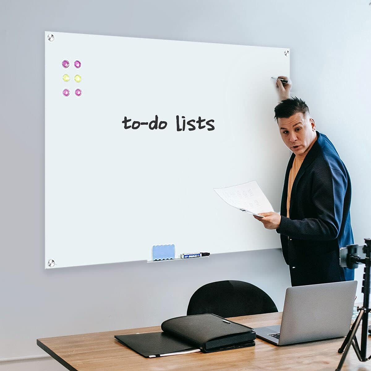 Welmors Office Magnetic Glass Whiteboard, Wall Mount Dry Erase White Boards with 6 High Powered Magnets, 2 Erasers (48x36)