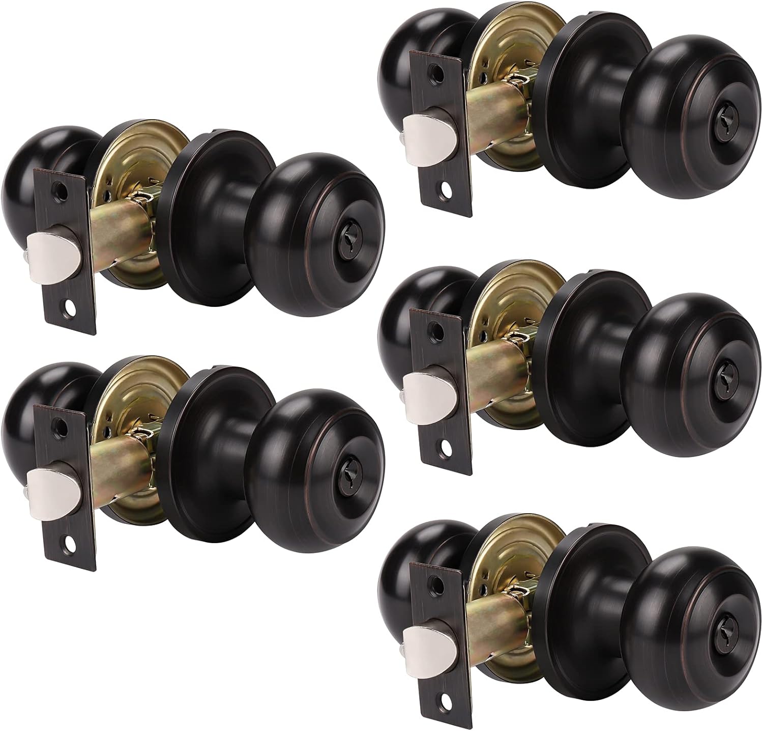 knobelite (5 Pack) Round Passage Door Knob(Non-Locking Knobs), Keyless Doorknobs Interior/Exterior Door Lockset,Passage Knobs for Hallway/Closet,Oil Rubbed Bronze Finish Modern Design Door Hardware Pack of 2