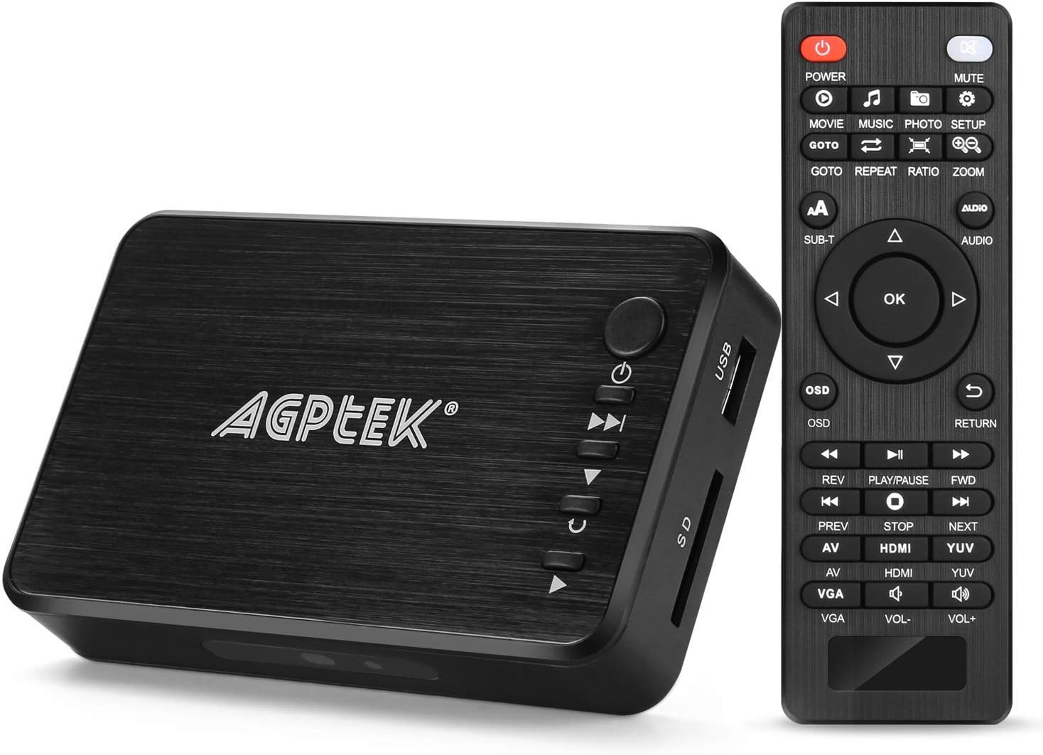 AGPTEK 1080P Media Player Read USB drive/SD card with HD HDMI/AV/VGA Output for RMVB/ MKV /JPEG etc with Remote Control Pack of 2