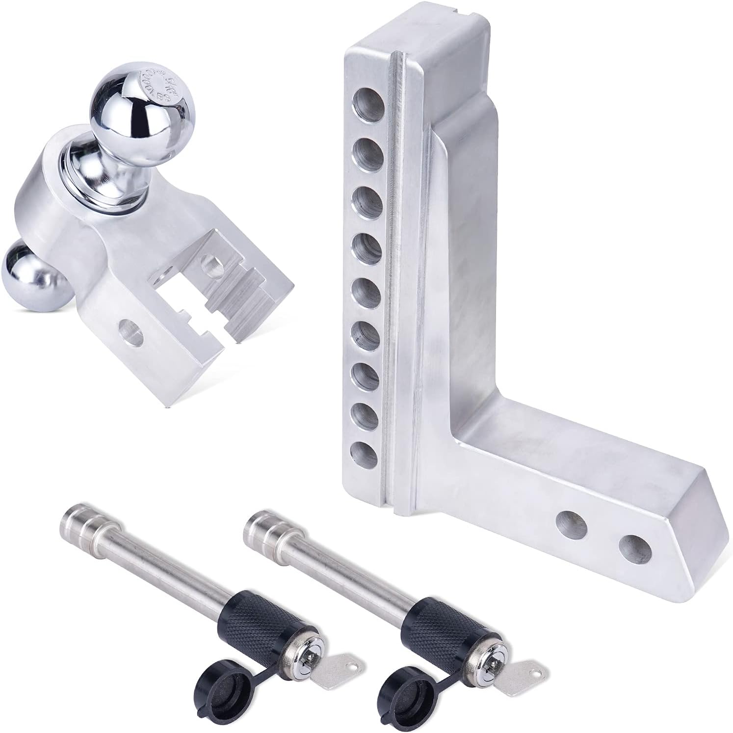 PLIOSAUR Adjustable Trailer Hitch Ball Mount, 2-Inch Receiver, 6-Inch Drop, 6-Inch Rise, 2-Inch and 2-5/16-Inch Dual Towing Balls with Double Pin Key Locks