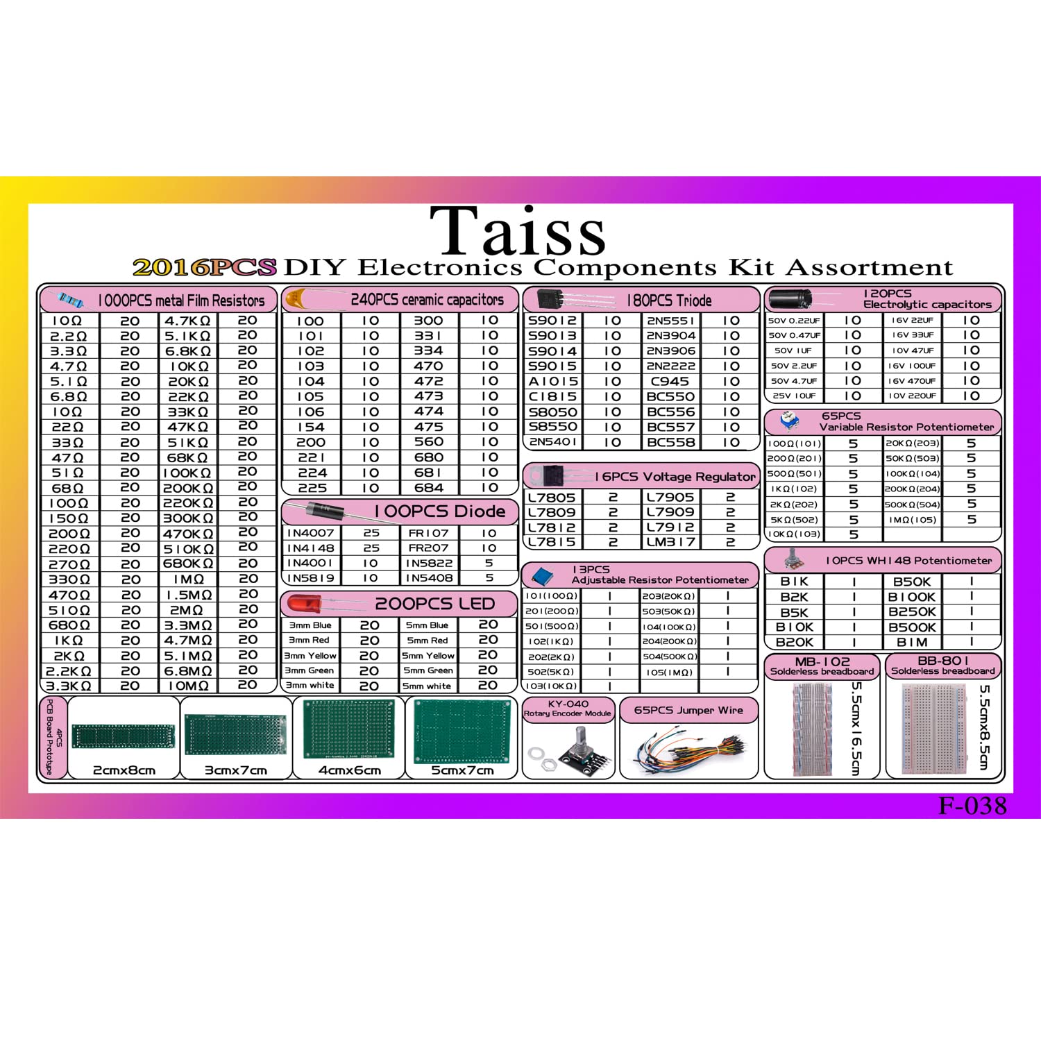 Taiss 2016PCS Electronics Components Kit Assortment Resistor,Capacitors,Diode,LED,Potentiometer,Transistor,Voltage Regulator,PCB Board Prototype,Solderless breadboard,Rotary Encoder Module,Jumper Wire Pack of 2
