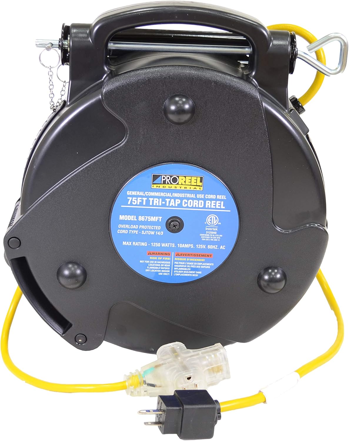 Alert 8675MFT Tri Tap Cord Reel with one Locking Outlet, 75', Black