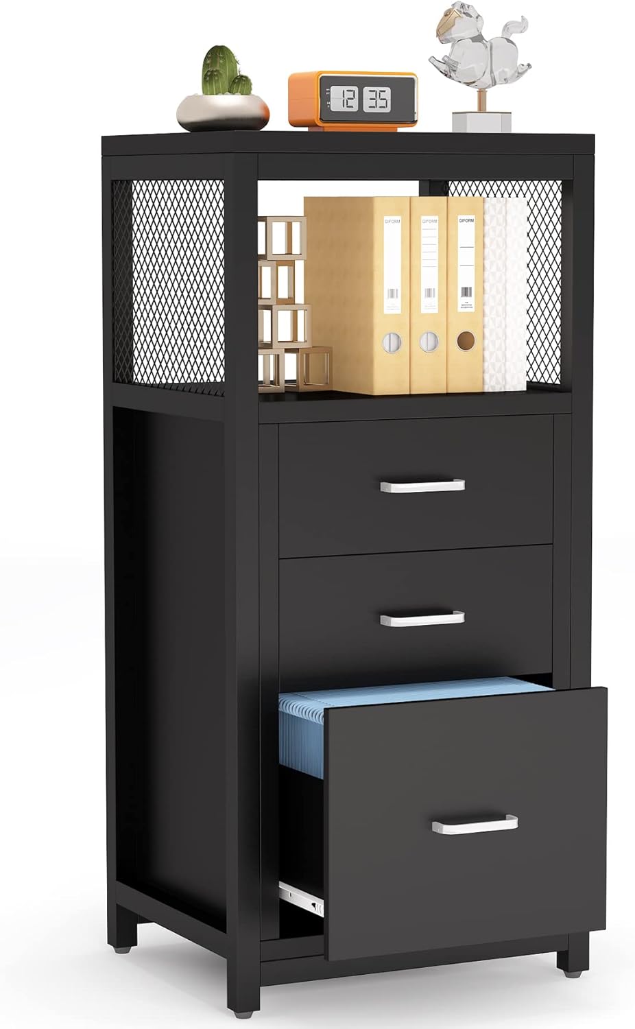 Tribesigns 3 Drawer File Cabinet for Letter Size, Modern Vertical Filing Cabinet Printer Stand with Metal Wire Storage Shelves for Home Office(Black)