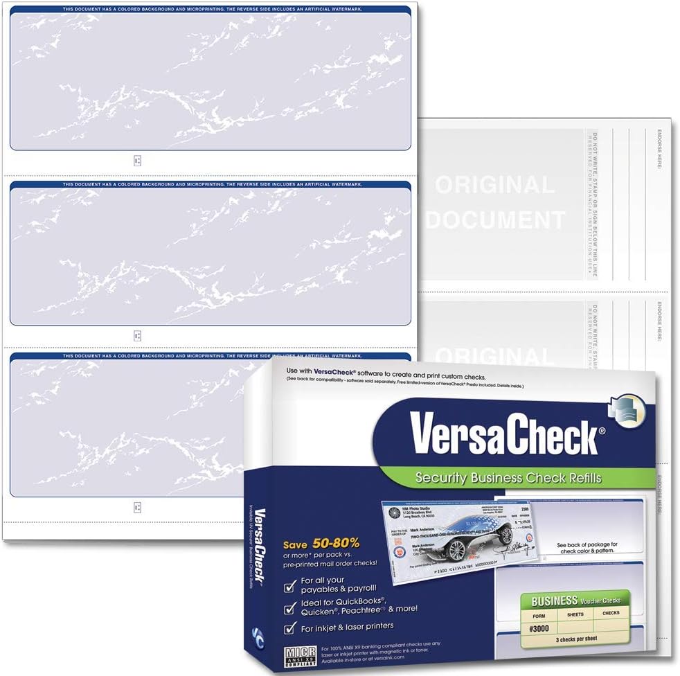 VersaCheck Secure Checks - 1500 Blank Business Checks - Green Prestige - 500 Sheets Form #3000 - 3 Per Sheet Pack of 2