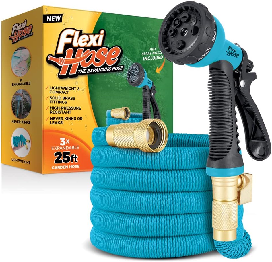 Flexi Hose with 8 Function Nozzle Expandable Garden Hose, Lightweight & No-Kink Flexible Garden Hose, 3/4 inch Solid Brass Fittings and Double Latex Core, 100 ft Black Pack of 2