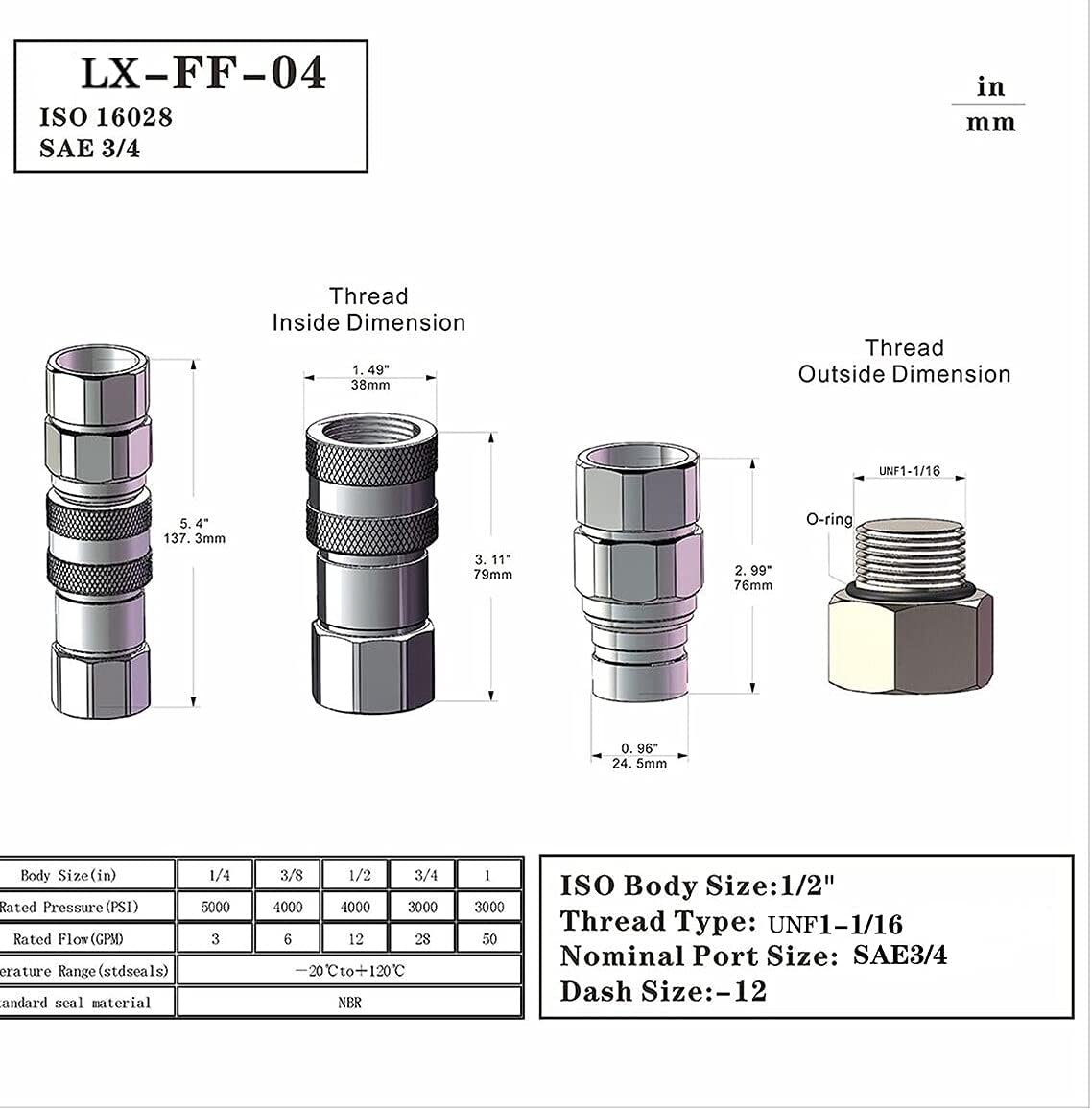 3/4'' SAE-12 UNF1-1/16 Skid Steer Flat Face Hydraulic Quick Connect Coupling/Coupler, 1/2 Body W/Dust Cap Pack of 2