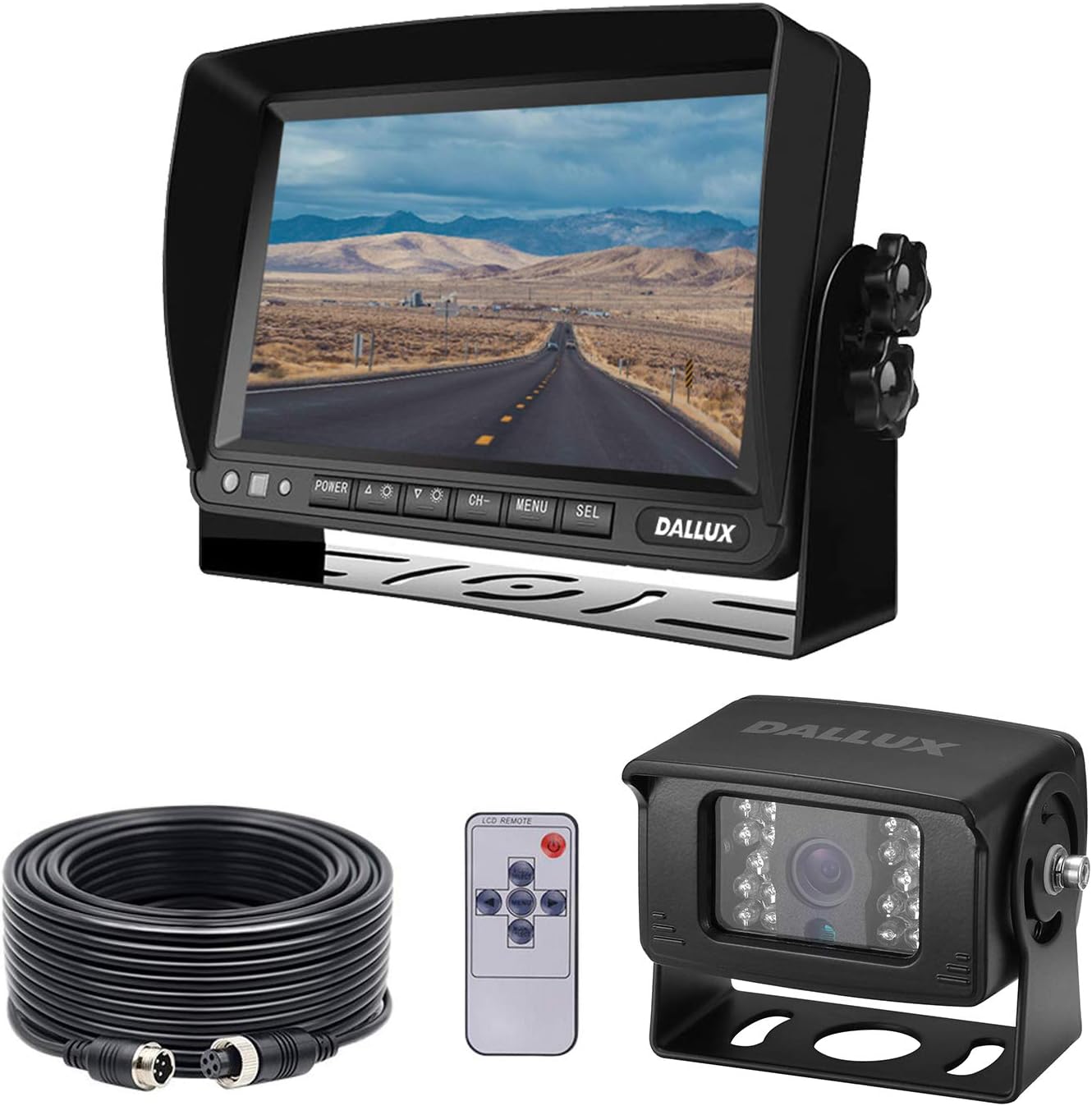 DALLUX Vehicle Backup Camera kit,Rearview Camera cab cam with 7 inch Monitor+ 4 PIN Camera Cable for Bus/Truck/Van/Trailer/ RV/ Camper/ Motor Home/Pickup/Heavy Duty Vehicle(12V-24V)