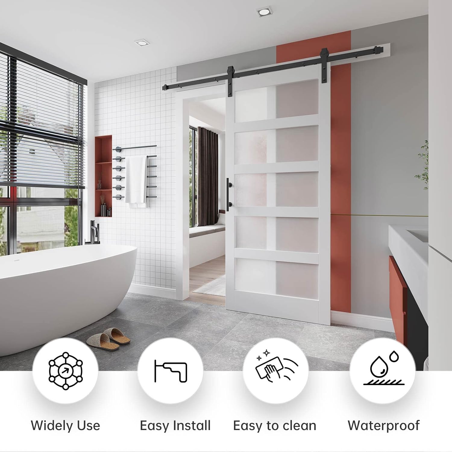 EaseLife 36in x 84in Glass Barn Door with 6.6FT Sliding Door Hardware Kit Included & Handle,Solid MDF Inside Covered with Water-Proof PVC Surface,5-Panel Glass,White