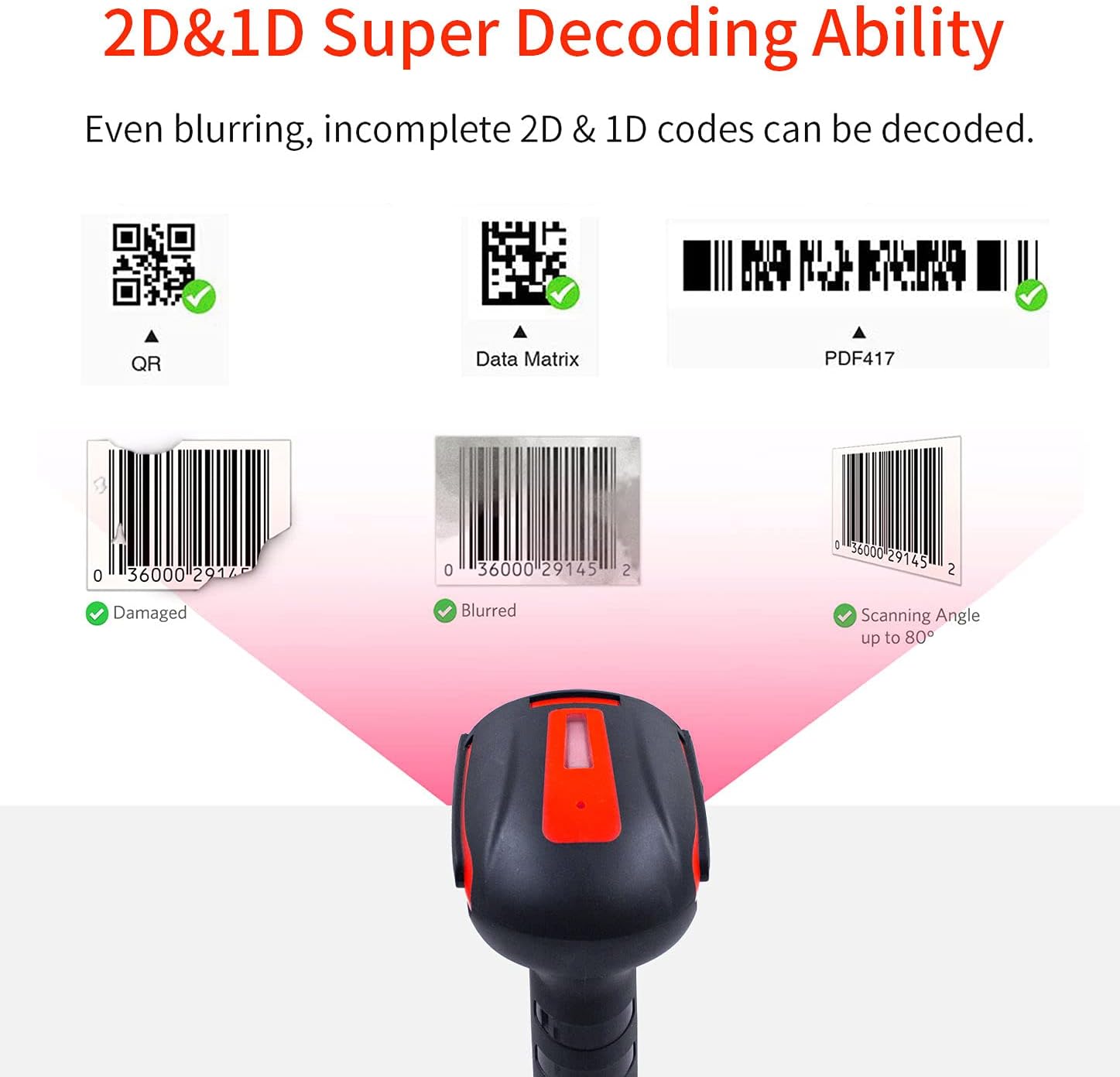 Alacrity 2D 1D QR Industrial Barcode Scanner with Stand(NOT Wireless Charging),Bluetooth & 2.4GHz Wireless & Wired USB 3in1,Shock Dust Proof Hands Free Barcode Reader for PC Laptop Tablet Smart Phone Pack of 2