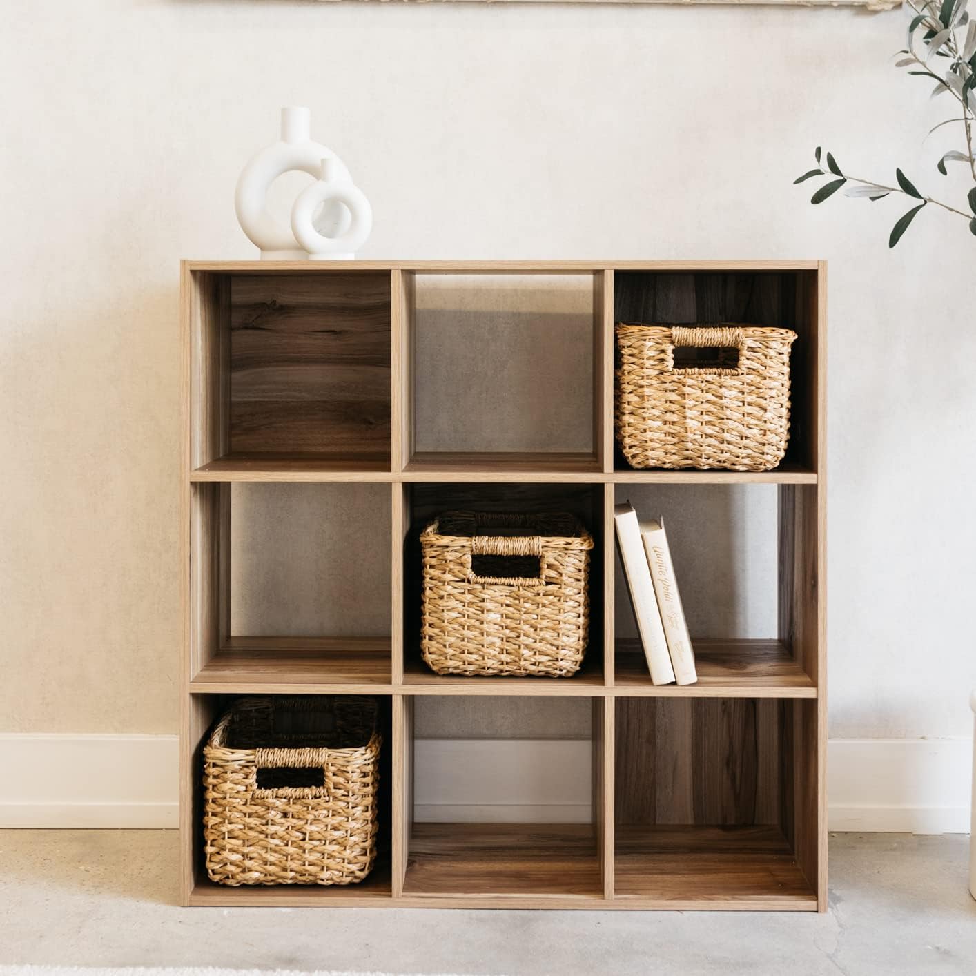 Signature Design by Ashley Vaibryn Modern 3 Cube Storage Organizer or Bookcase, Natural Brown Pack of 2