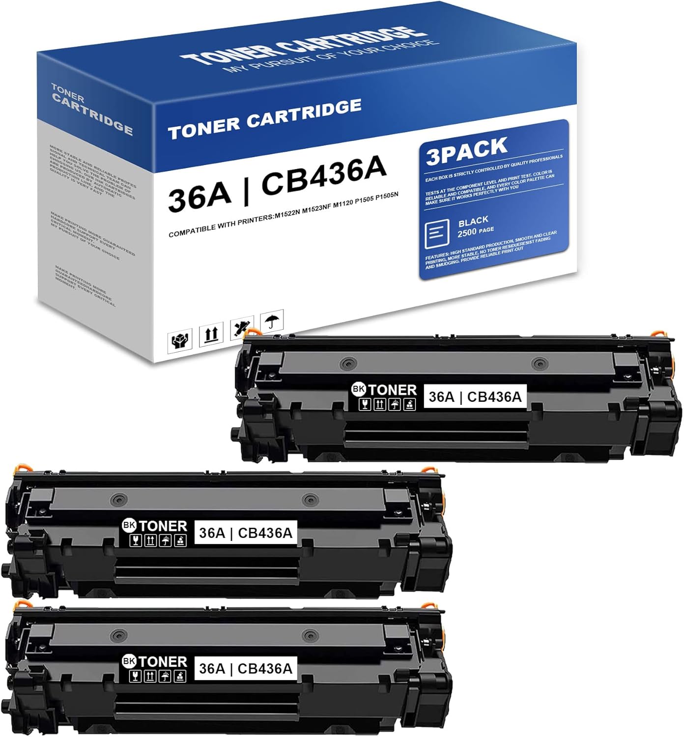 36A | CB436A Toner Cartridge Compatible Replacement for M1522n M1523nf M1120 MFP P1505 P1505n Printer Ink Cartridge-by MERLIUFE (3 Pack, Black)