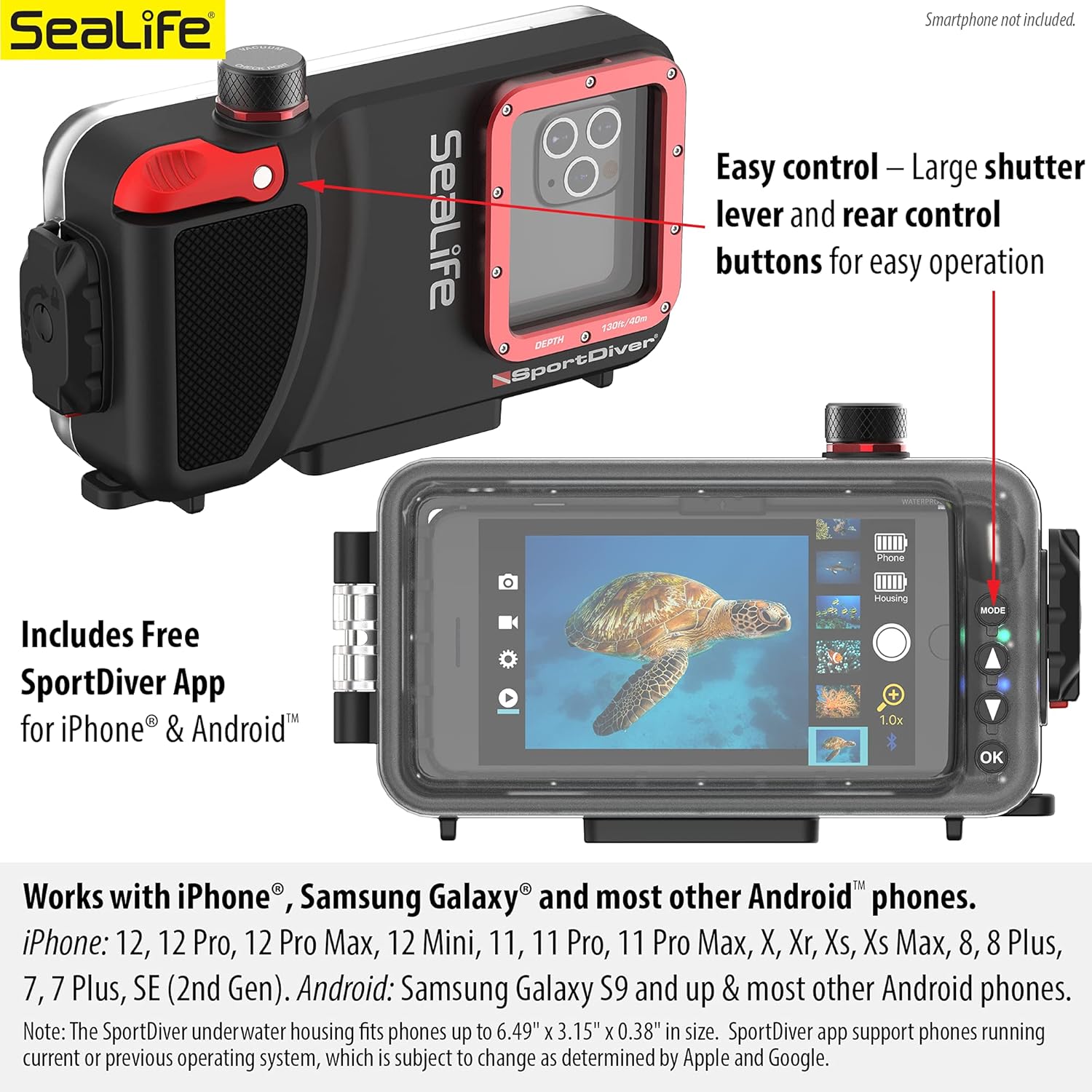Underwater Smartphone SeaLife Scuba Case – Waterproof Photography, Access Camera Controls, Leak Alarms (Without Light)