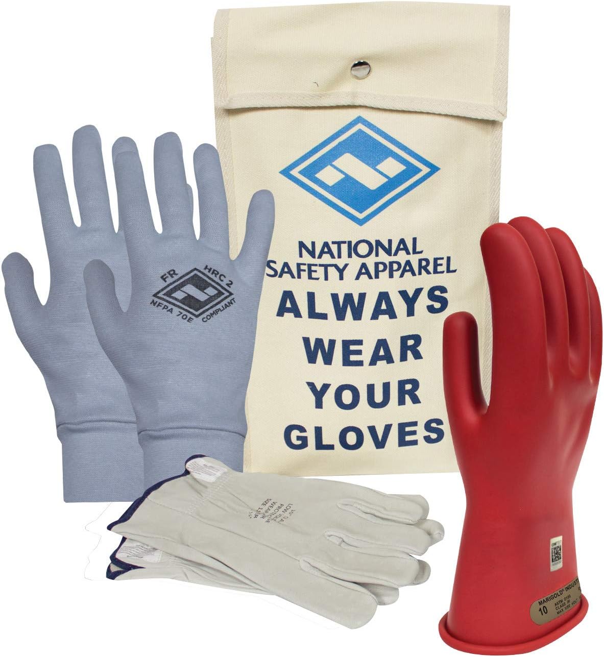 National Safety Apparel Class 00 Black Rubber Voltage Insulating Glove Premium Kit with FR Knit Glove and Leather Protectors, Max. Use Voltage 500V AC/ 750V DC (KITGC0011AG)